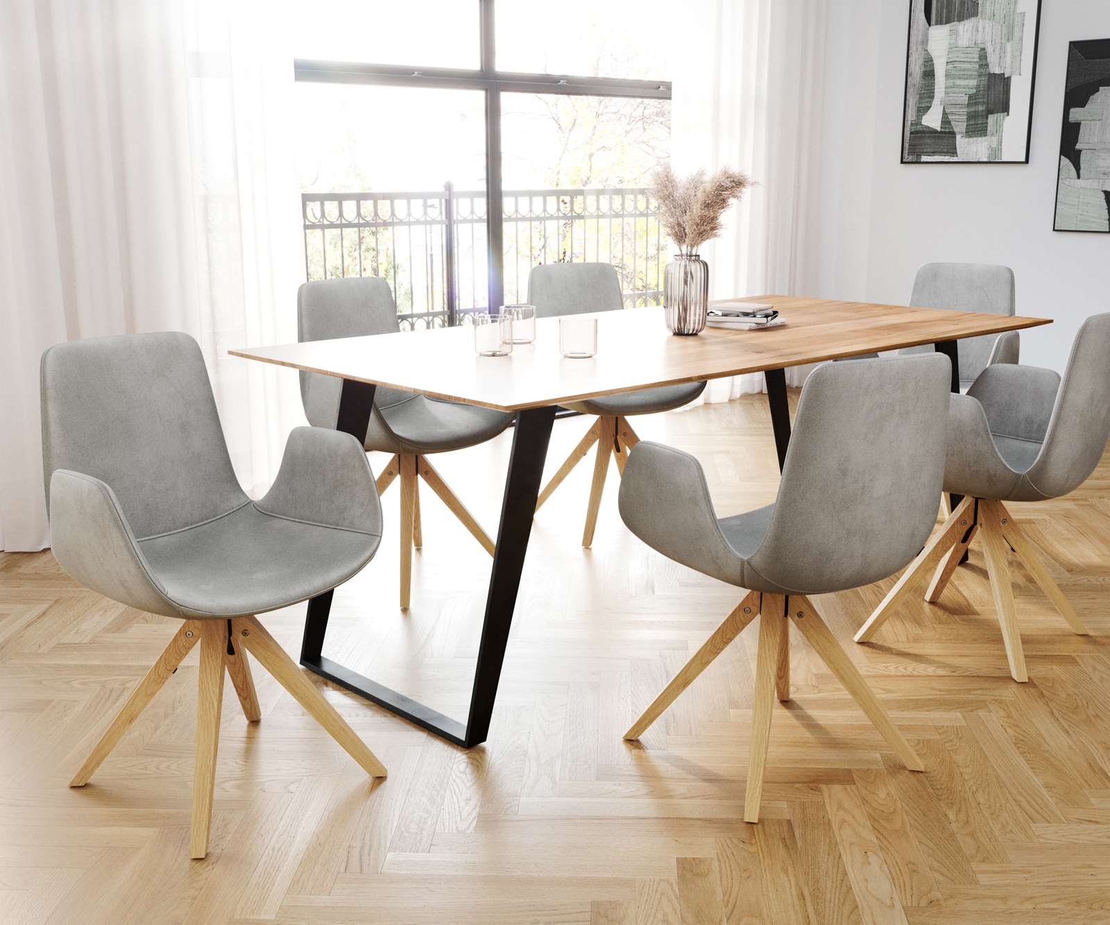 Chaise-de-salle-à-manger Ilia-Flex avec accoudoirs velours gris pied en bois anguleux naturel 3 Chaise-de-salle-à-manger Ilia-Flex avec accoudoirs velours gris pied en bois anguleux naturel 3