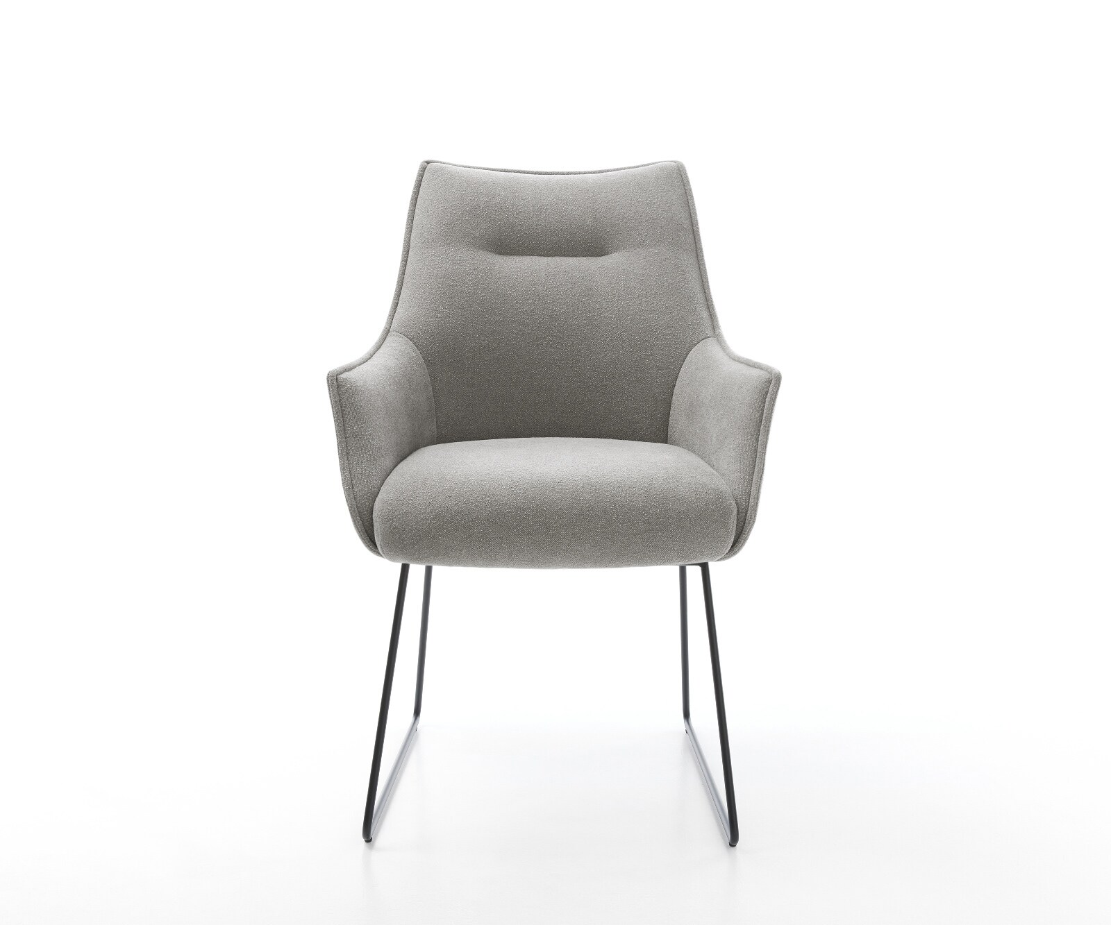 Chaise-de-salle-à-manger Alja-Flex avec accoudoirs tissu structuré doux gris pied trapèze noir resorts ensachés 1