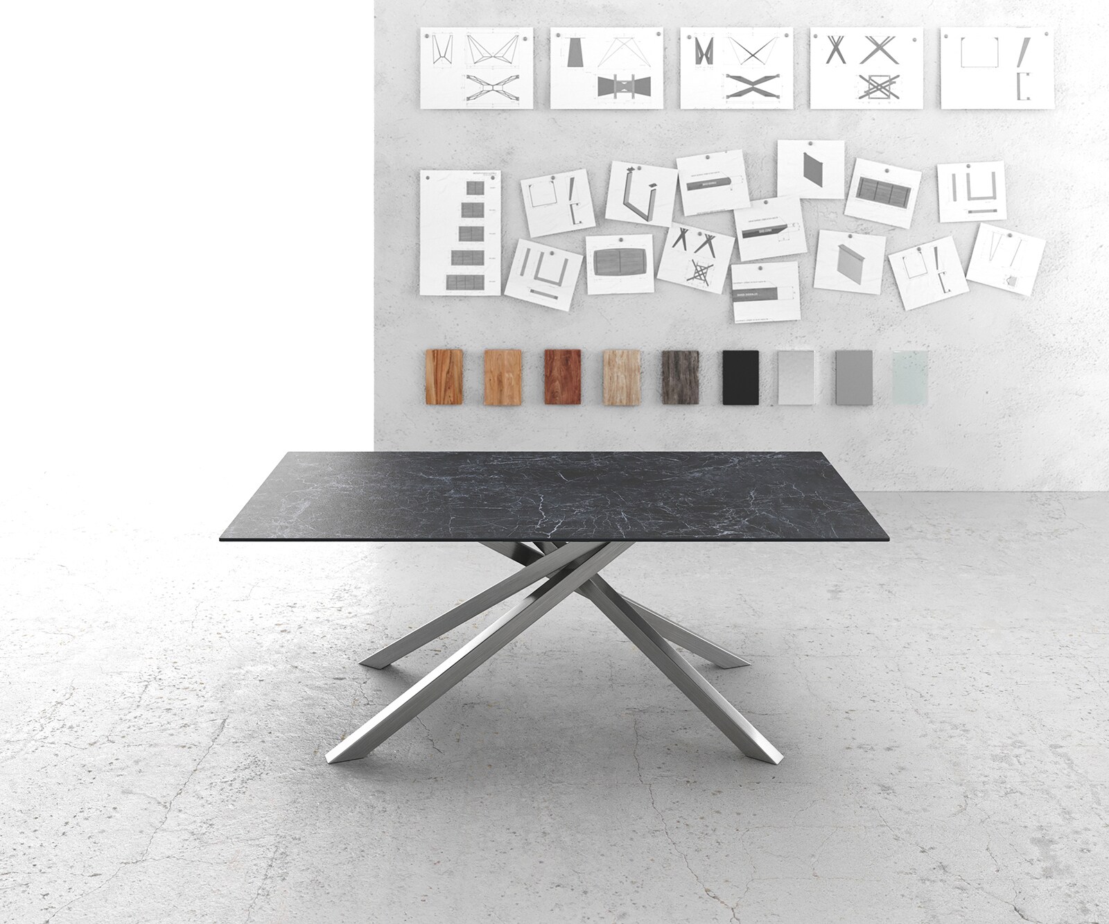Table-à-manger Edge 200x100cm Laminam® céramique gris pieds milieu croisé argent 1
