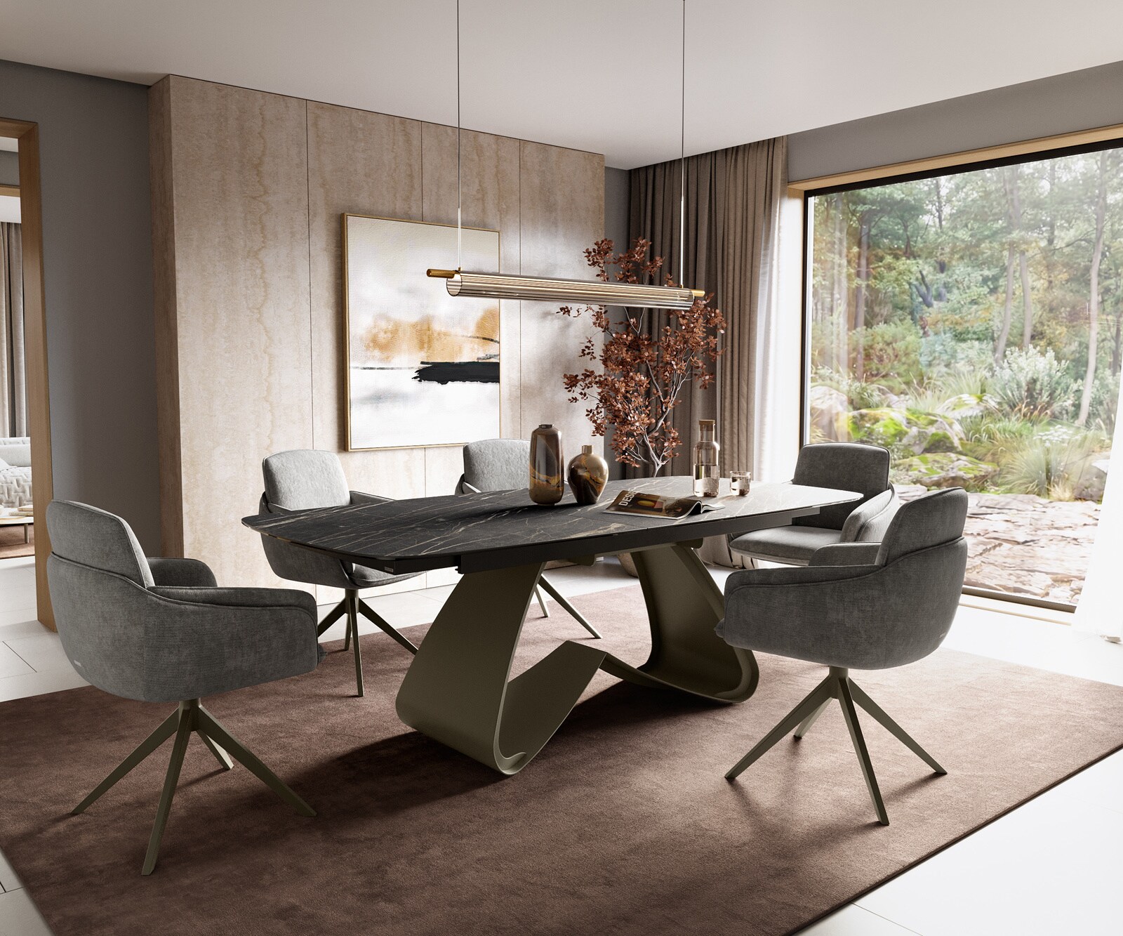 Table à manger Edge Boot 180-220x100 cm Laminam® Céramique Noir Desir Braun piètement en W Finition effet Titan extensible 6