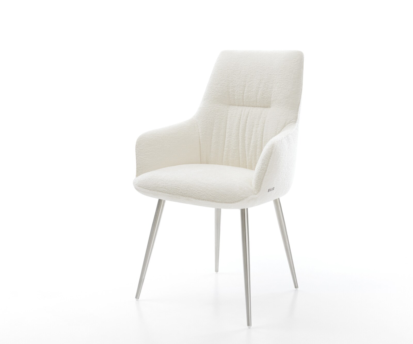 Chaise-de-salle-à-manger Zelia-Flex avec accoudoirs bouclé doux beige 4 pieds coniques acier inoxydable resorts ensachés