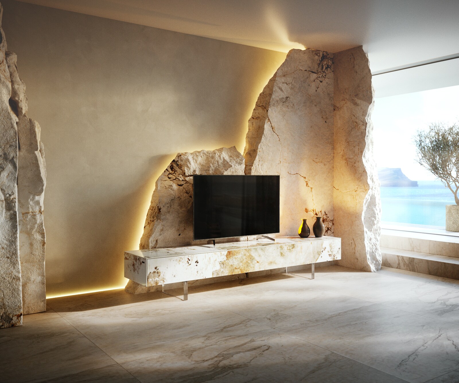 Meuble-TV Cuor 200 cm Céramique Minas Melange Blanc-beige 1 Clapet 1 Tiroir Pied optique flottant Verre acrylique 1