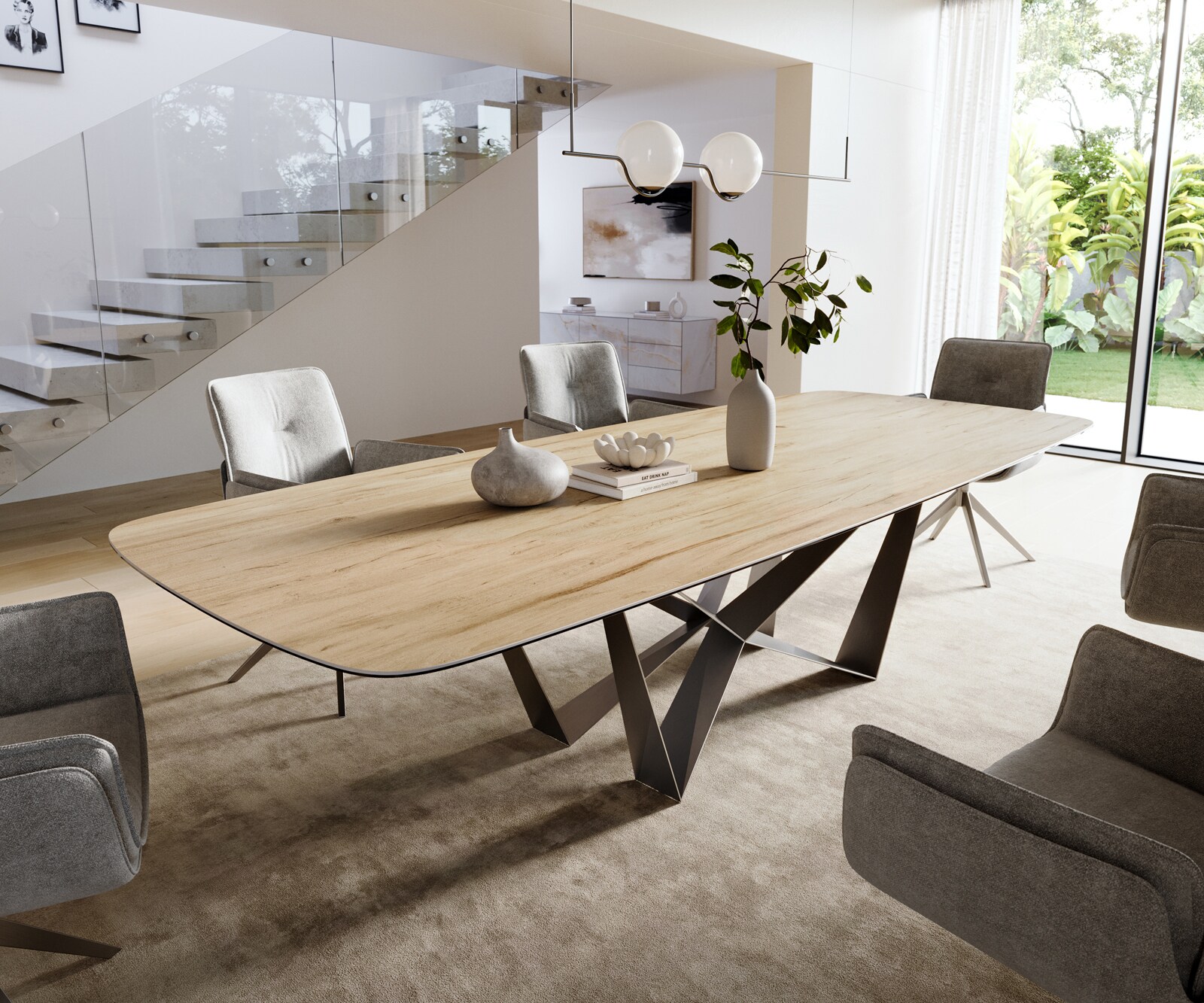 Table à manger Edge Boot 300x120 cm Céramique Laminam® Sabbia Eichefarbig Spider Flachstahl Acier inoxydable Graphite 1