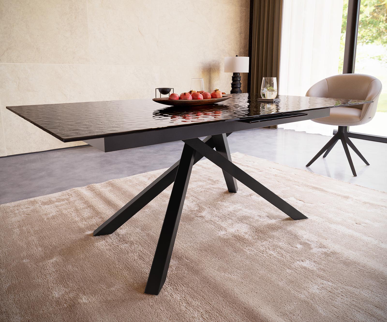 Table à manger Edge 180-220x100 verre fondu noir fumé relief en 3D cadre croisé rectangulaire noir extensible 5