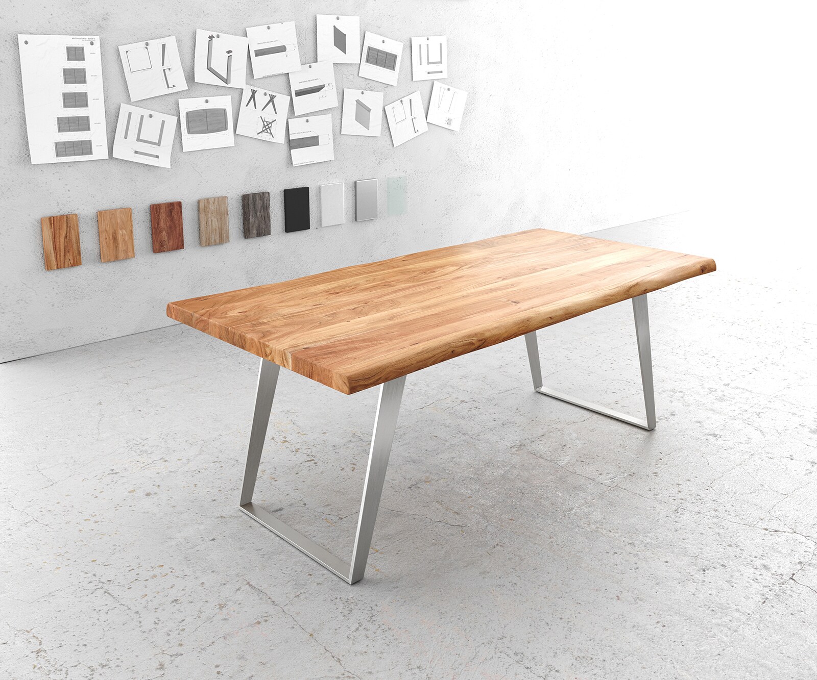 Table-à-manger Edge 200x100cm XL acacia nature acier inoxydable argent incliné Live-Edge 1