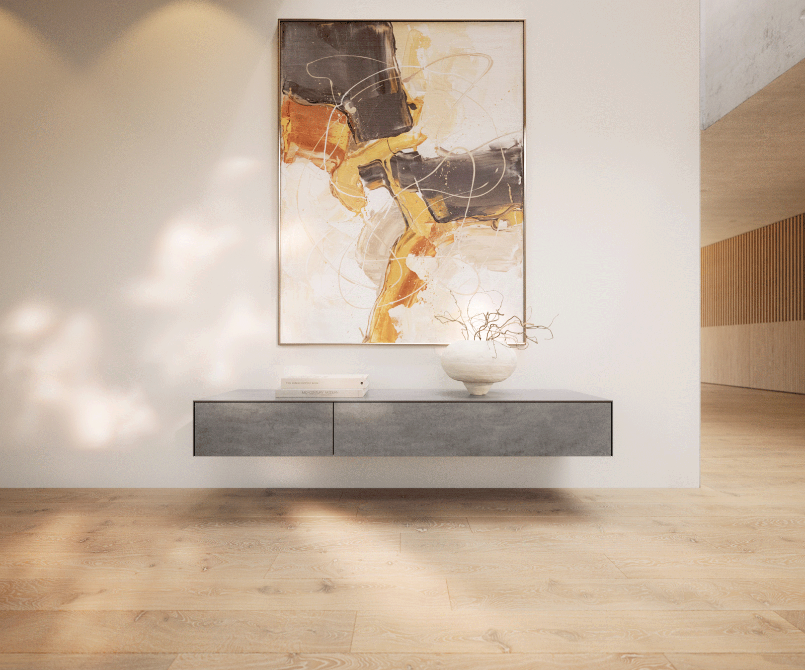 Meuble-TV Cuor 150 cm Céramique Béton gris 1 Clapet 1 Tiroir Flottant 2