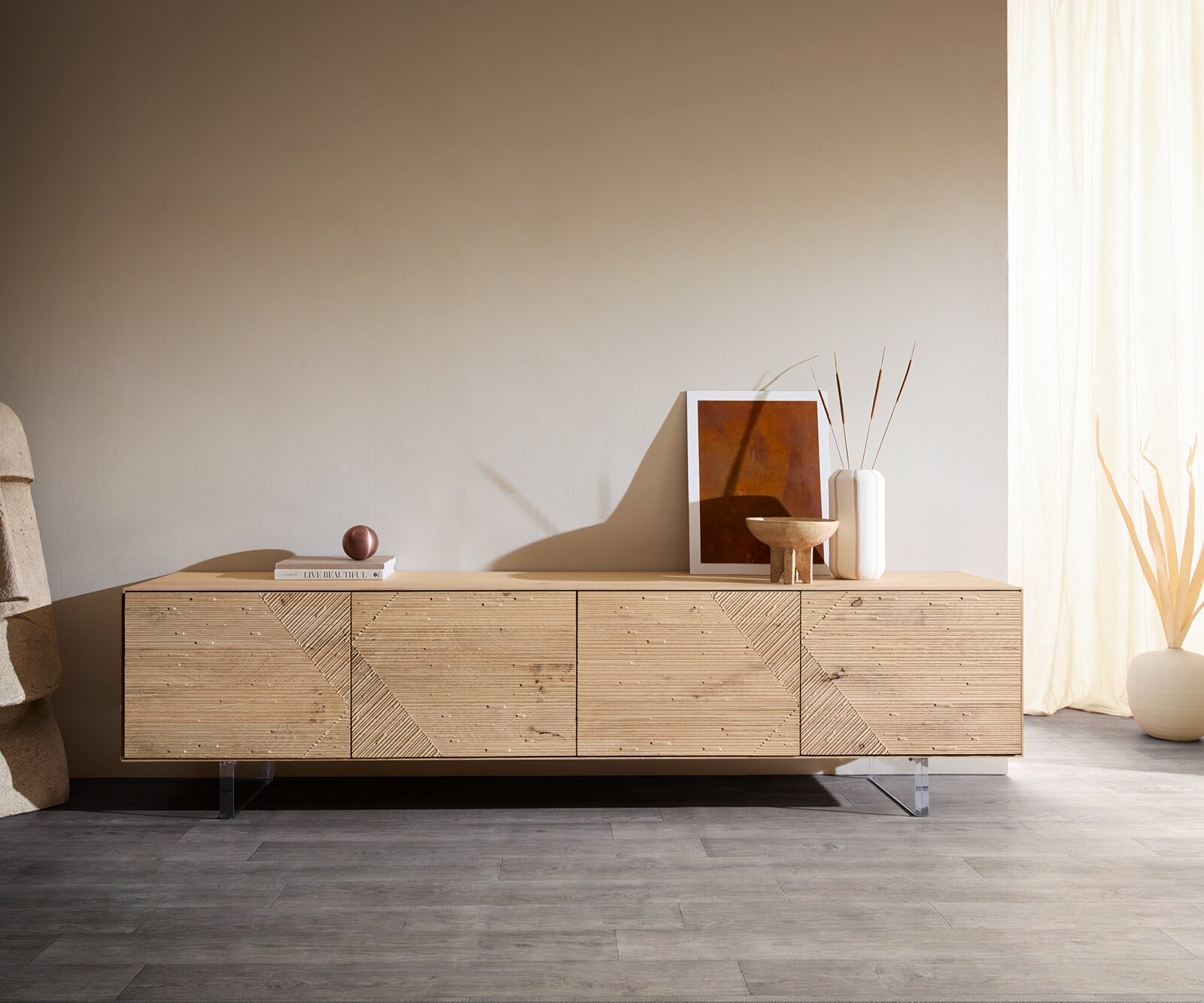 Meuble-TV Tereos 220 cm, chêne naturel, effet 3D, 4 portes, pieds suspendus, verre acrylique 1