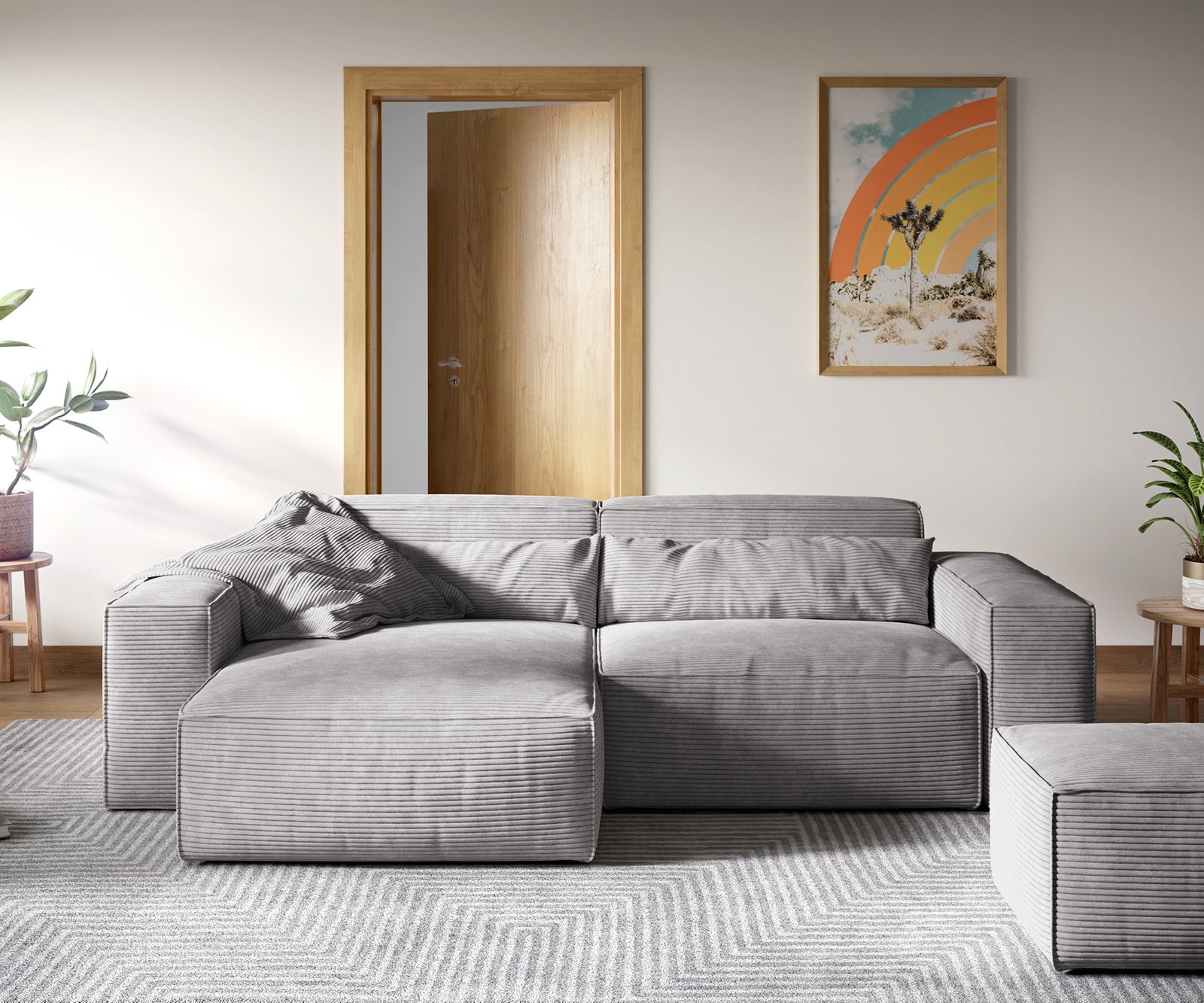 Canapé d'angle Sirpio XL 270x170 cm Velours côtelé Gris argenté Recamiere variable avec Tabouret 1 Canapé d'angle Sirpio XL 270x170 cm Velours côtelé Gris argenté Recamiere variable avec Tabouret 1