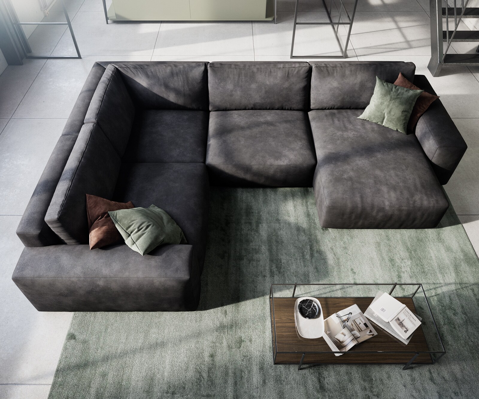 Grand canapé d’angle Lanzo 300x210 cm similicuir vintage anthracite 300x210 cm méridienne réversible avec pouf 3