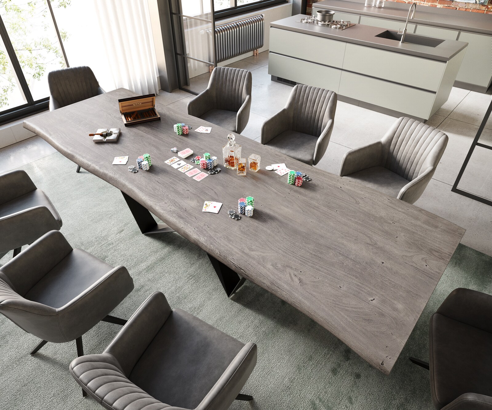 Table à manger Edge 300x100 XL acacia platine Spider acier plat noir Live-Edge 2