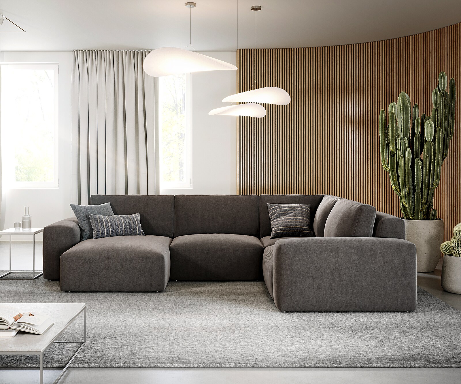 Grand canapé d’angle Lanzo 300x210 cm microfibre brun kaki méridienne réversible 1