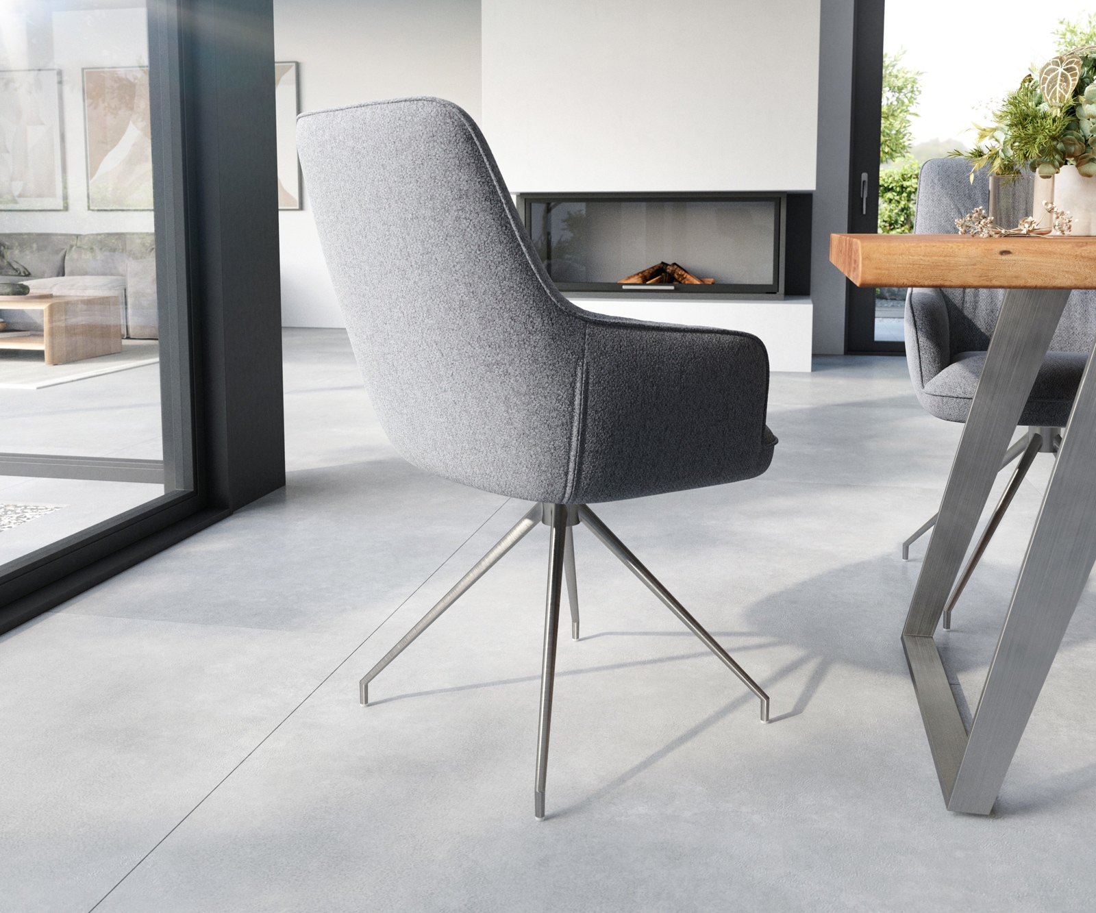 Chaise-de-salle-à-manger Zelia-Flex avec accoudoirs tissu texturé gris clair pied croisé conique acier inoxydable brossé ressorts ensachés 4 Chaise-de-salle-à-manger Zelia-Flex avec accoudoirs tissu texturé gris clair pied croisé conique acier inoxydable brossé ressorts ensachés 4