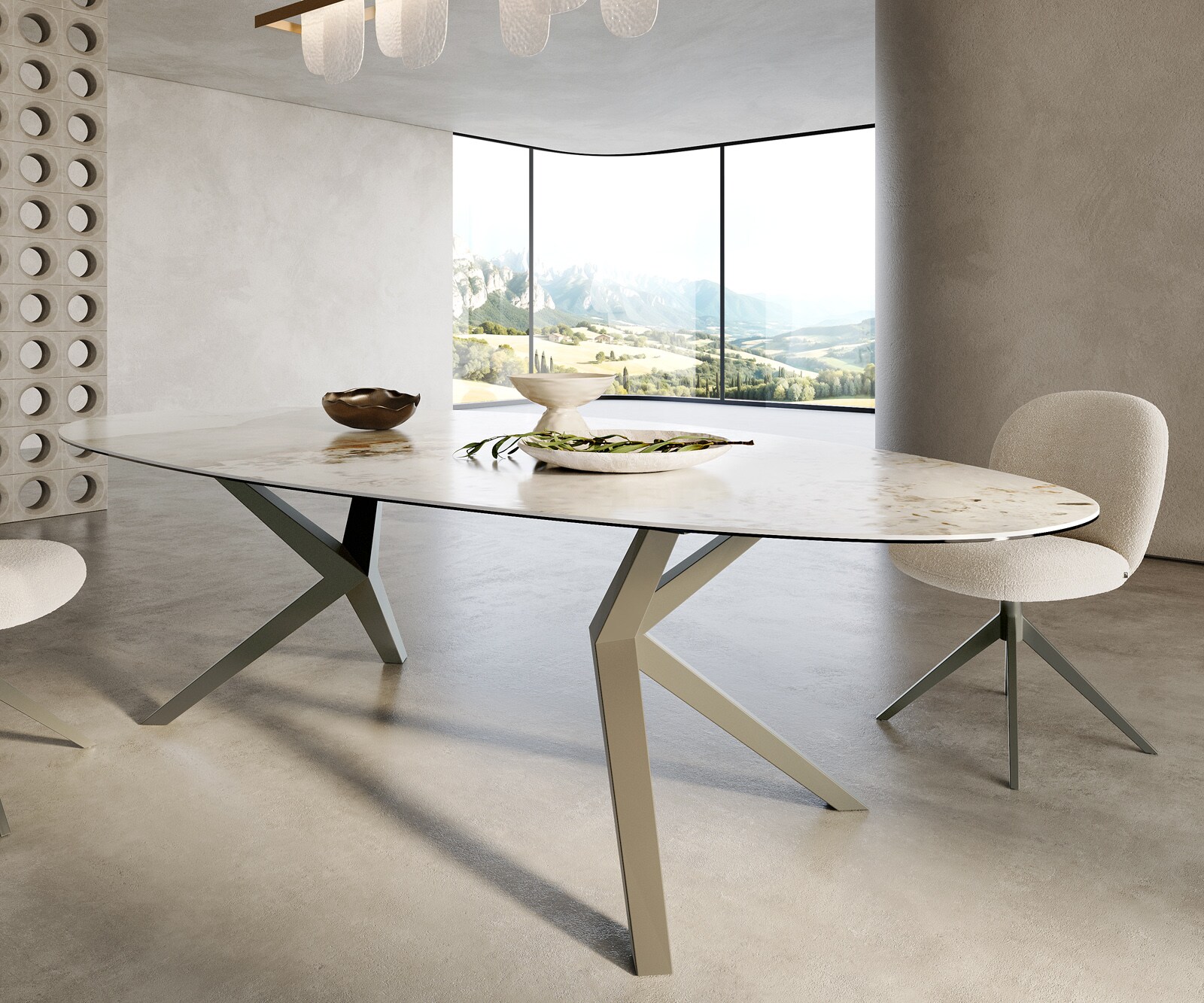 Table à manger Edge Ovale 280x130 Céramique Minas Melange Blanc-Beige Zenthara anguleux Métal finition à effet Titane 6