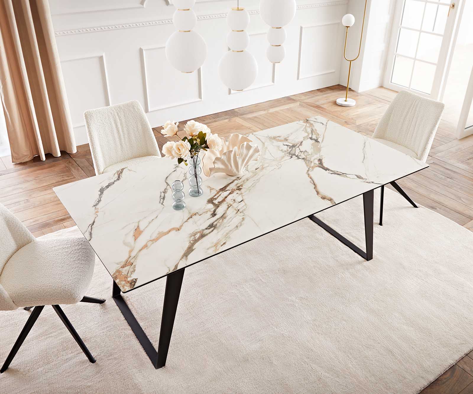 Table à manger Edge 200x100 céramique Calacatta Luxe blanc-doré-gris métal incliné noir 5