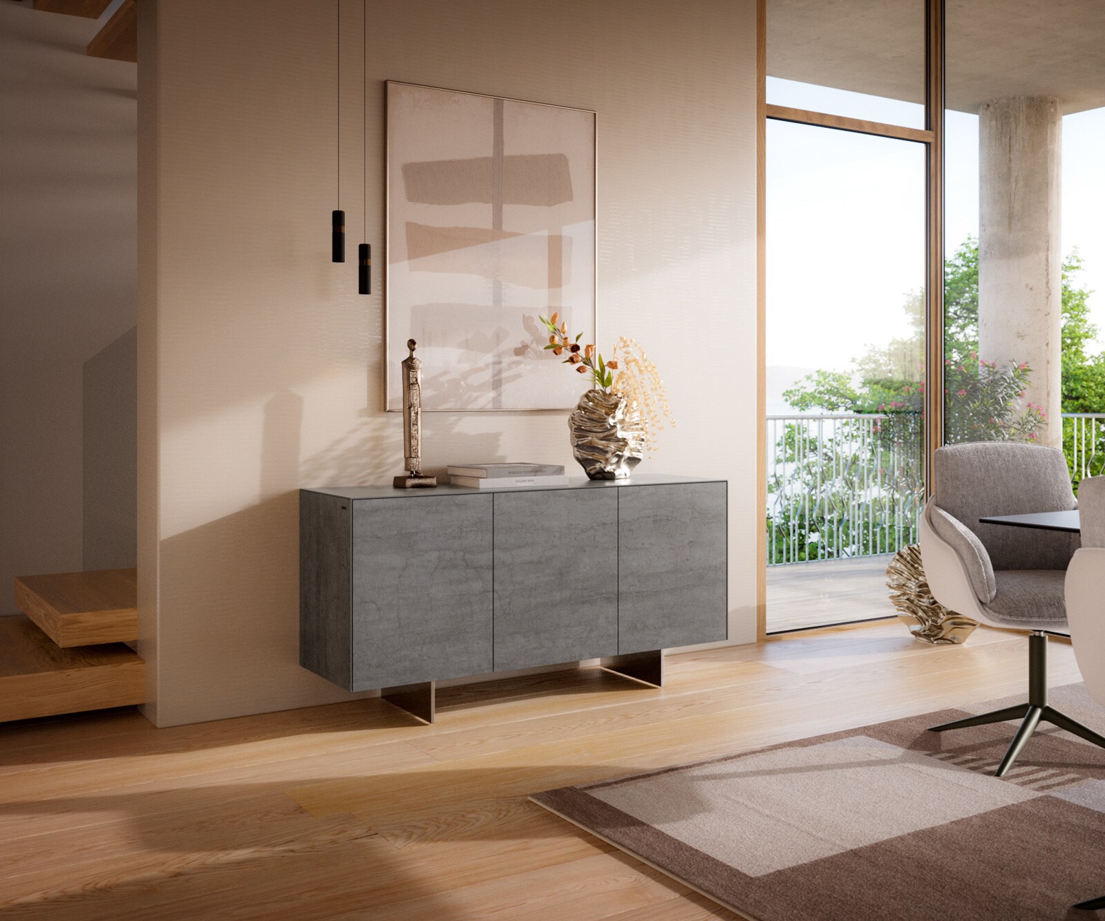 Buffet Cuor 150 cm Céramique Béton gris 3 Portes Pied optique flottant Ancier inoxydable 1