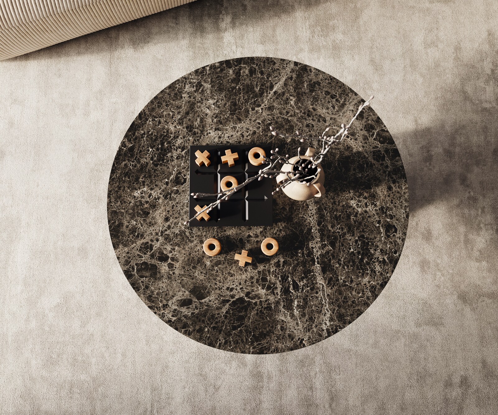 Table basse Edge rond 90x90 cm céramique Laminam® Emperador Extra Lucidato brun foncé Conis métal noir 2