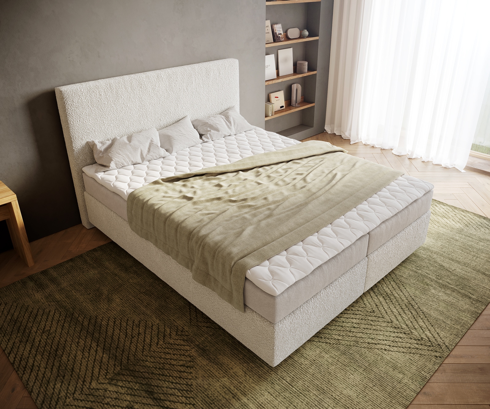 Lit-à-sommier-tapissier Dream-Well 160x200 cm Bouclé Crème-Blanc avec matelas et surmatelas 4