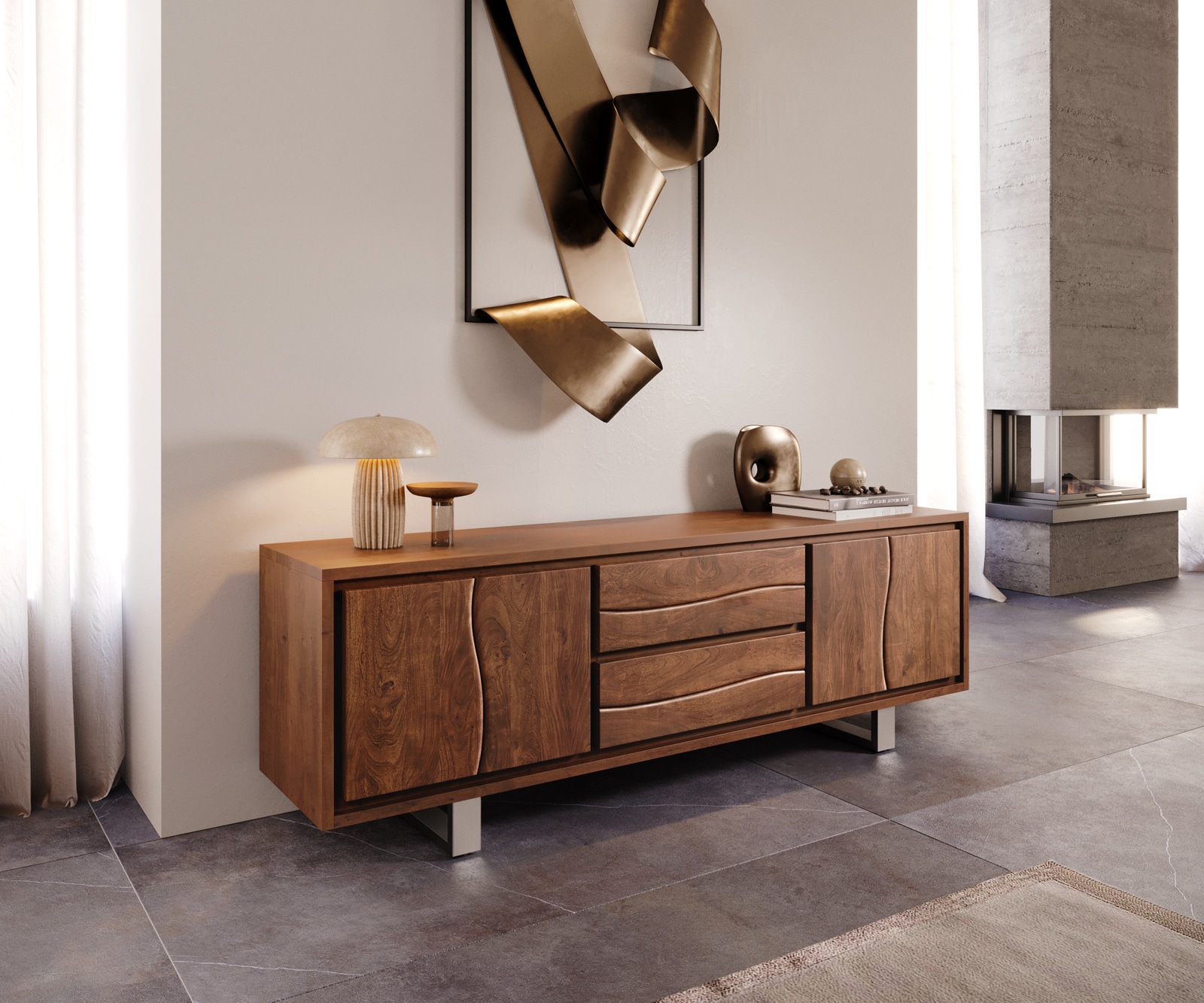 Meuble-TV Live-Edge 200 cm acacia marron 4 portes 2 tiroirs Meuble-TV Live-Edge 200 cm acacia marron 4 portes 2 tiroirs