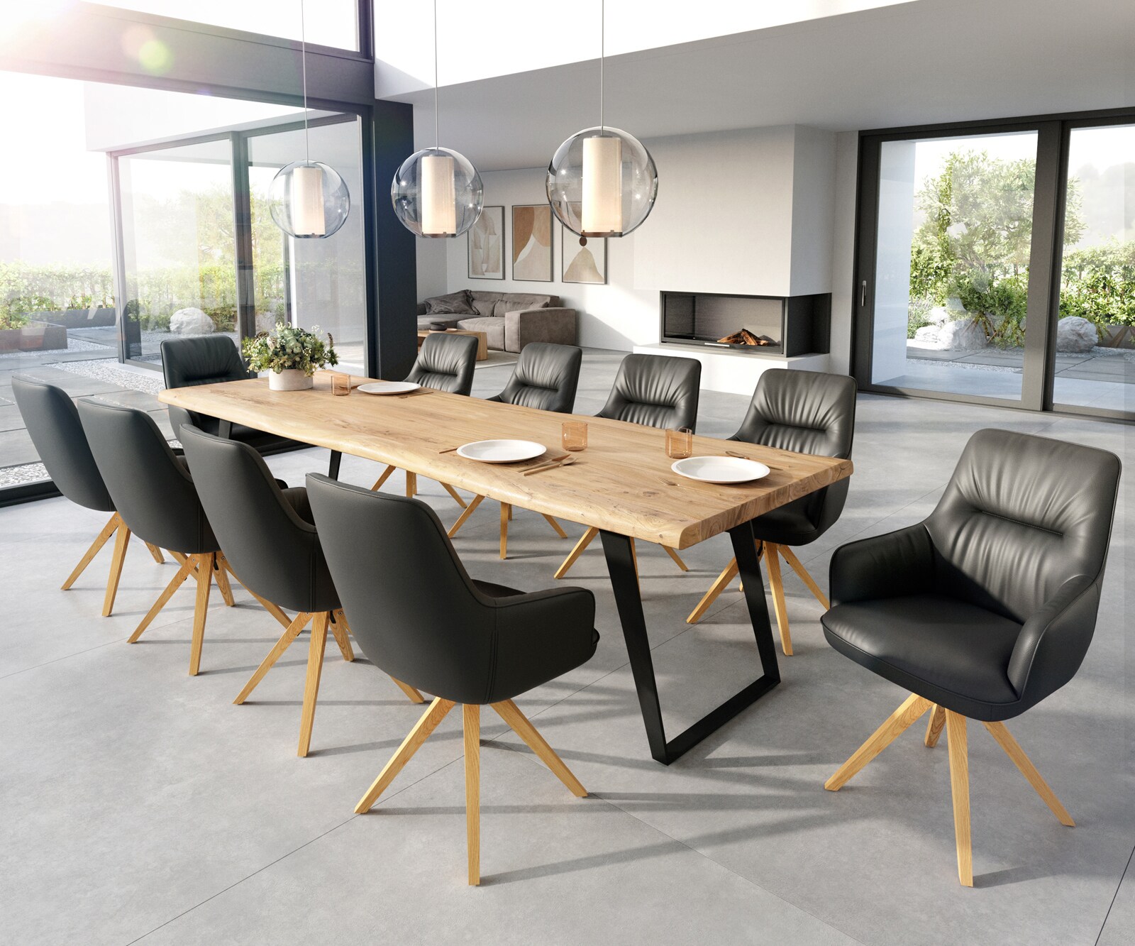 Chaise-de-salle-à-manger Zelia-Flex avec accoudoirs cuir de vache noir pied en bois angulaire naturel ressorts ensachés 3