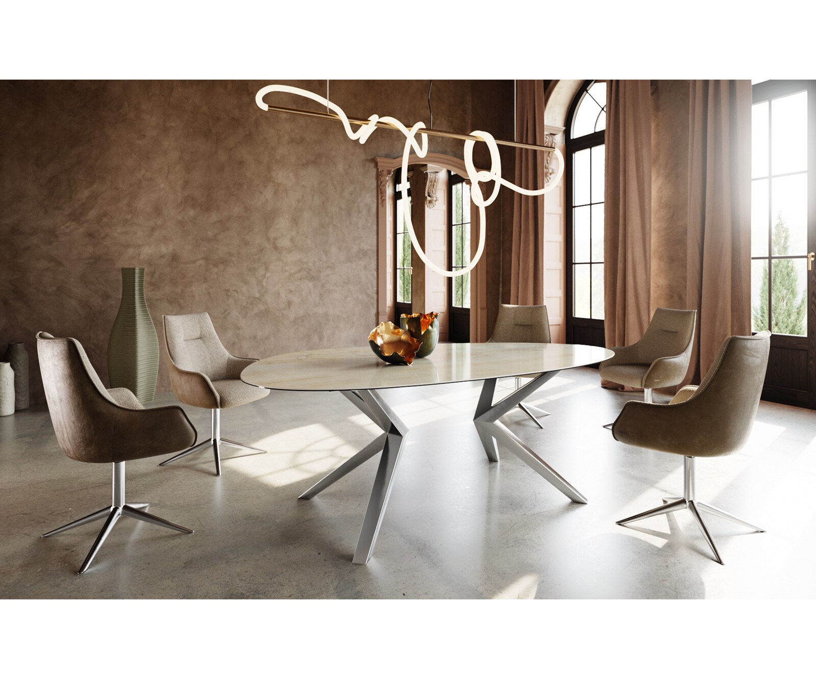 Table à manger Edge Ovale 220x120 Céramique Iris FMG Onice Oro Lucidato Nature​ Zenthara anguleux Acier inoxydable 6