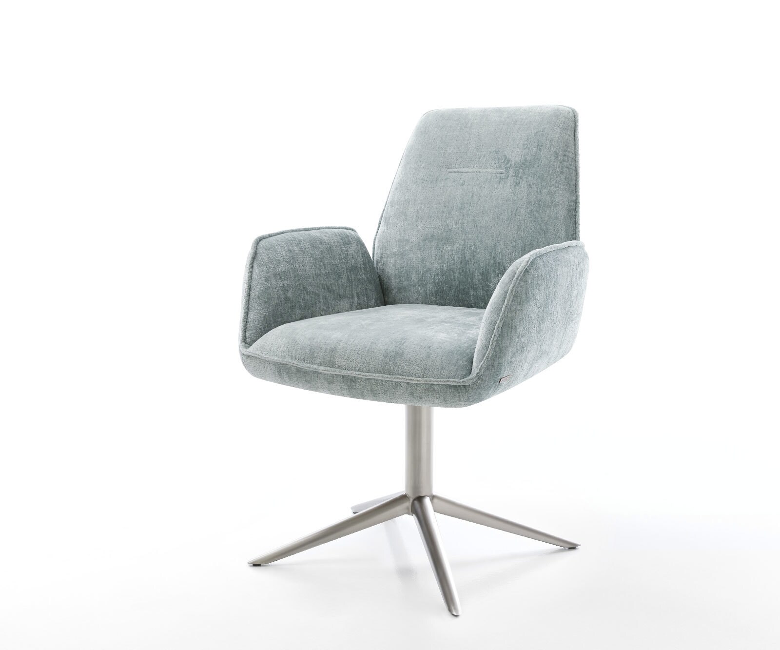 Chaise-pivotante Zoa-Flex chenille bleu pastel pied de chaise 4 branches acier inoxydable brossé pivotement sur 360° fonction bascule ressorts ensachés 1