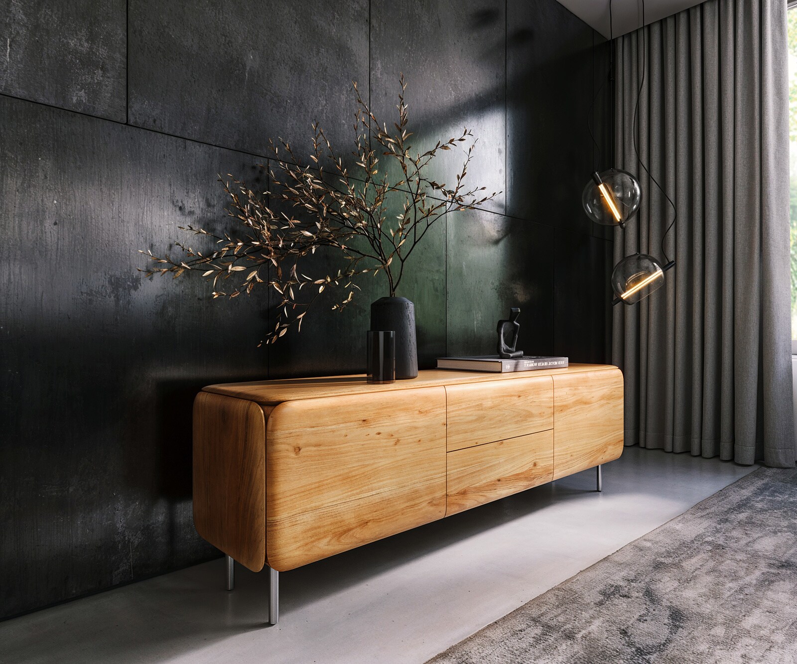 Meuble-TV Shavani 175 cm Acacia naturel 2 portes 2 tiroirs Pieds ronds Acier inoxydable Argent