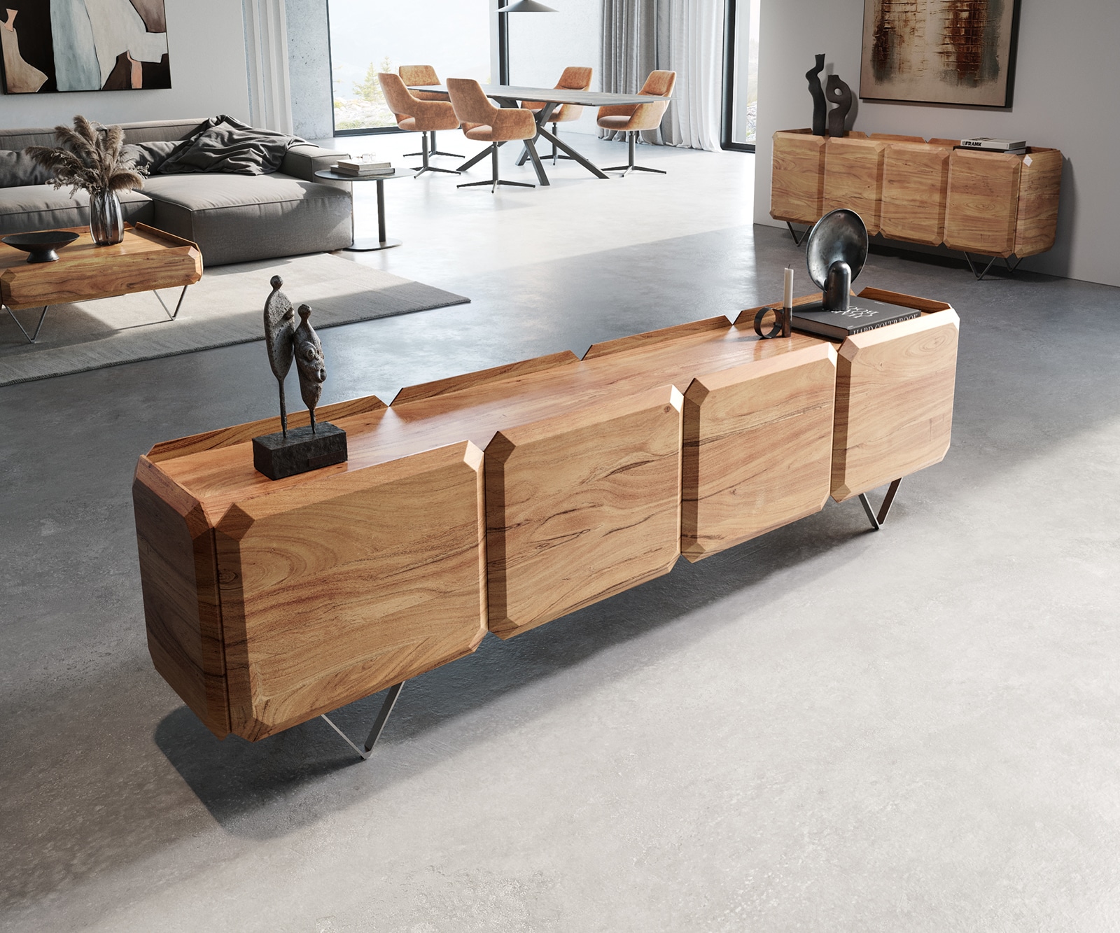 Meuble-bas Kiano 220 cm Acacia Nature 4 Portes Pied en V Acier inoxydable Séparateur de pièce Meuble-bas Kiano 220 cm Acacia Nature 4 Portes Pied en V Acier inoxydable Séparateur de pièce