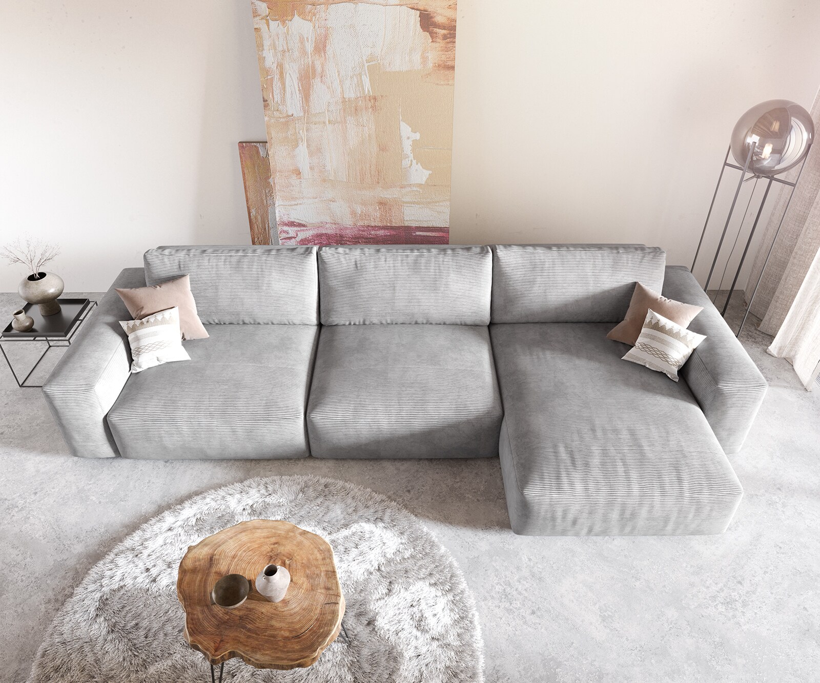 Canapé d'angle Lanzo XL 380x180 cm Cord Gris Argenté Recamière variable 4