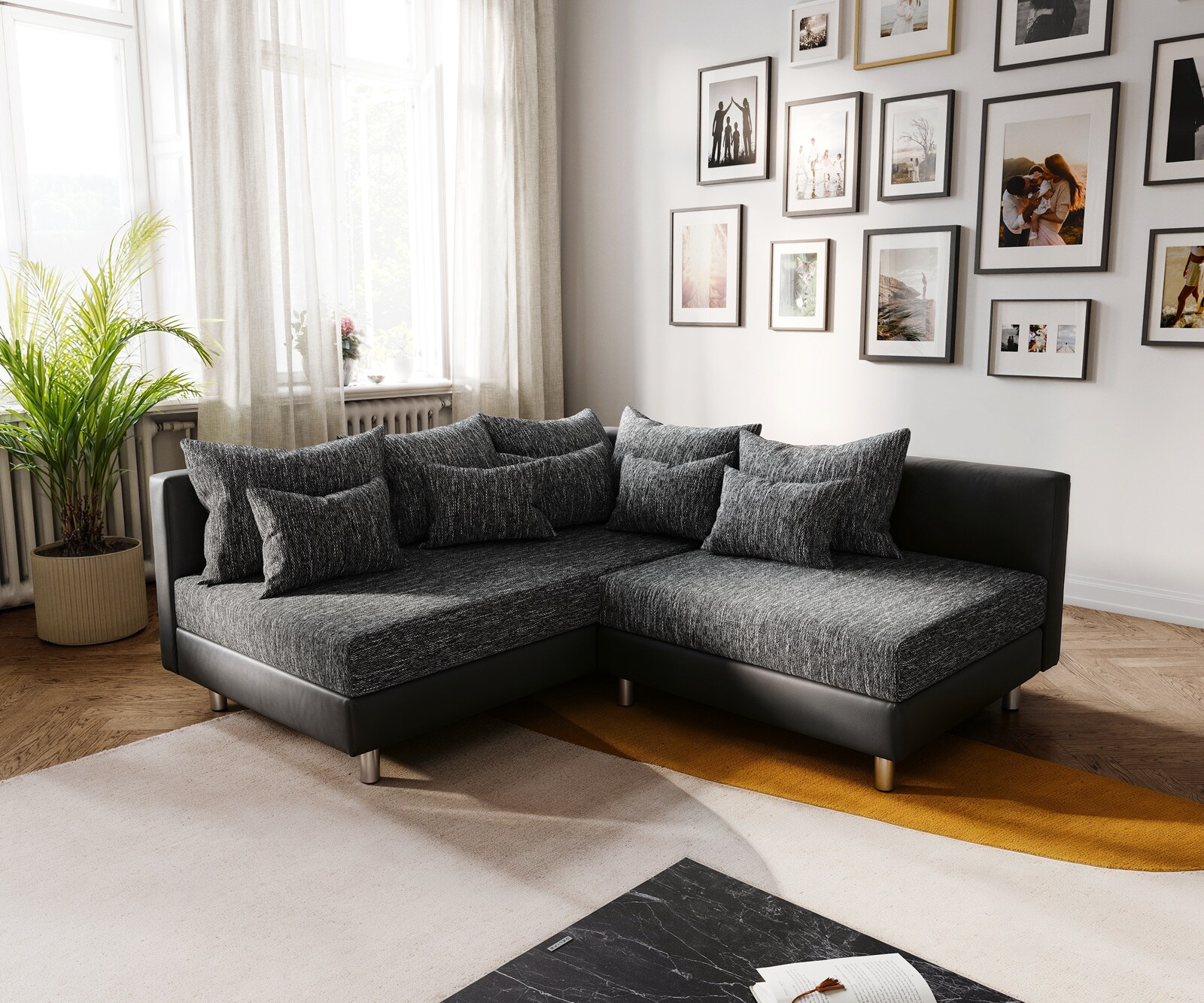 Canapé d'angle Clovis noir ottoman gauche modulable et extensible