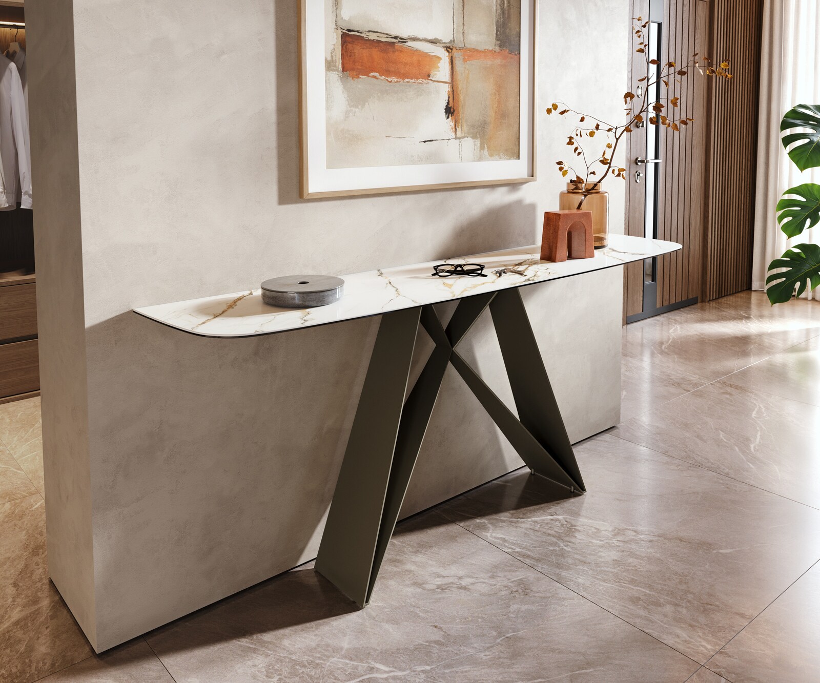 Console Edge forme bateau 180x40 cm Céramique Calacatta Luxe Weiß-Gold-Gris Velio Métal Effektfinish Titan 4