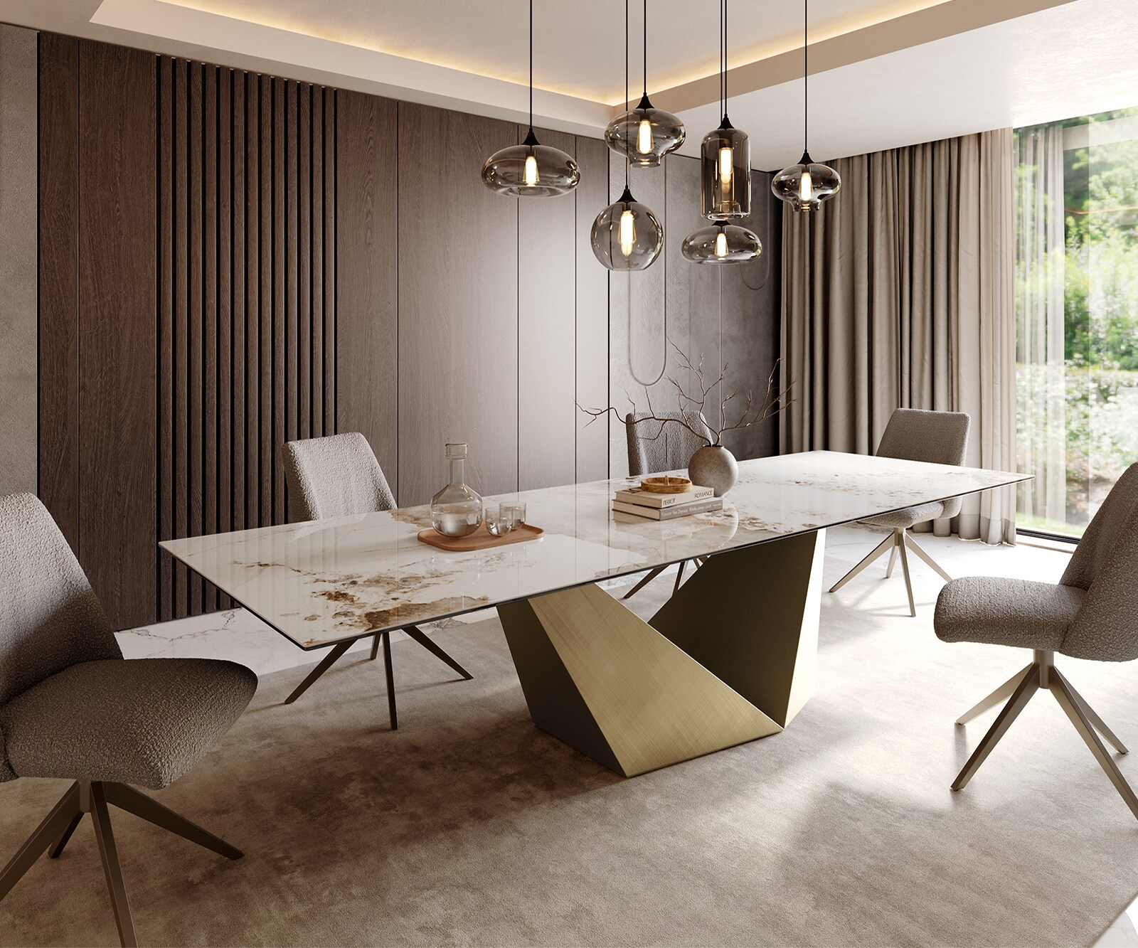 Table à manger Edge 300x100 céramique Minas mélange blanc-beige Prisma métallique doré 2