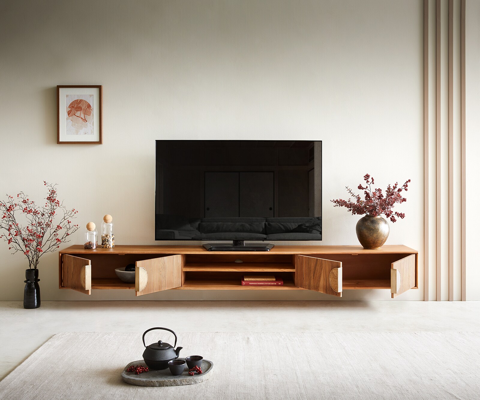 Meuble-TV Surimu 240 cm acacia brun clair 4 portes 2 compartiments liège-poignée flottante 3