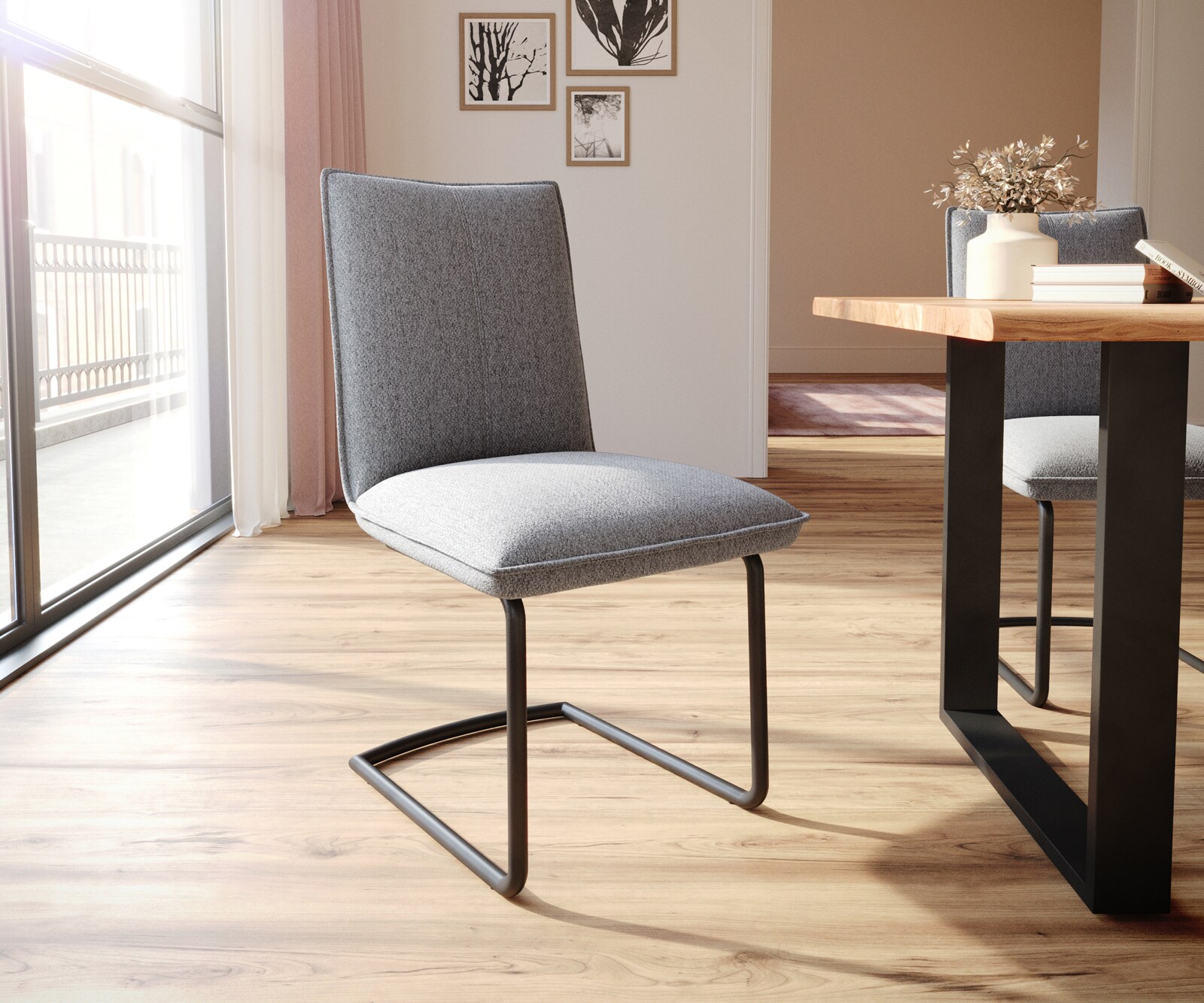 Cantilever Lelio-Flex tissu texturé gris clair pied cantilever rond noir ressorts ensachés