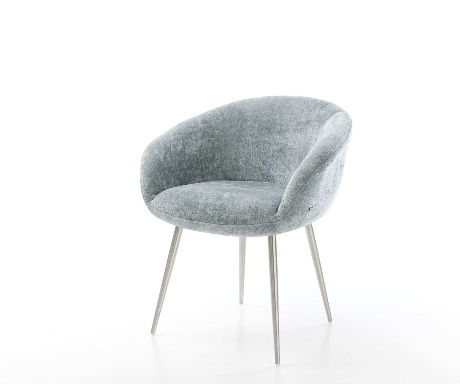 Chaise-de-salle-à-manger Vinka-Flex avec accoudoirs chenille bleu pastel 4 pieds coniques acier inoxydable brossé ressorts ensachés Chaise-de-salle-à-manger Vinka-Flex avec accoudoirs chenille bleu pastel 4 pieds coniques acier inoxydable brossé ressorts ensachés