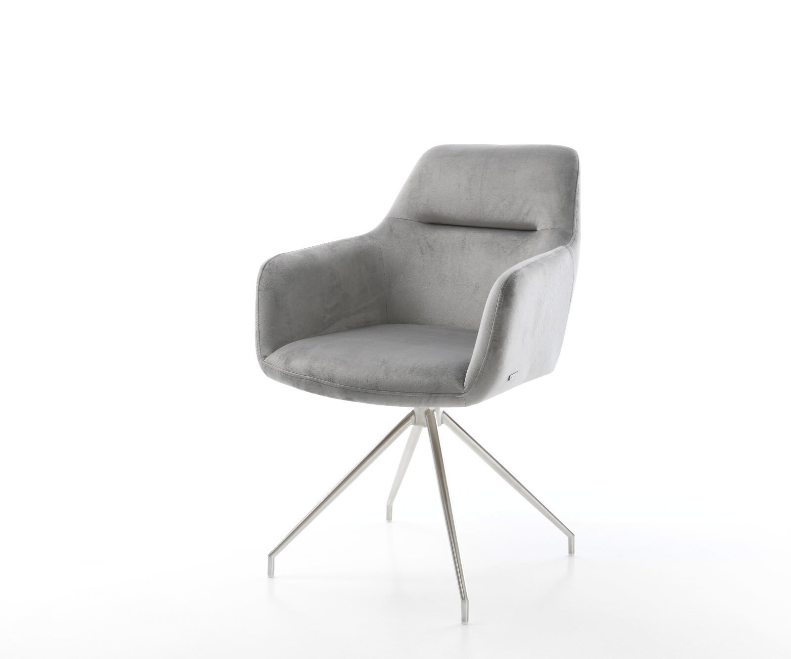 Chaise-de-salle-à-manger Pejo-Flex velours gris pied croisé conique acier inoxydable brossé ressorts ensachés