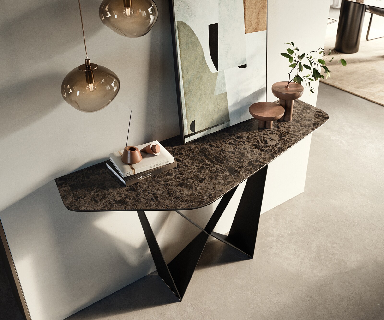 Console Edge Polygonal 140x50 cm Céramique Emperador Extra Lucidato Dunkelbraun Spios Métal Noir 1