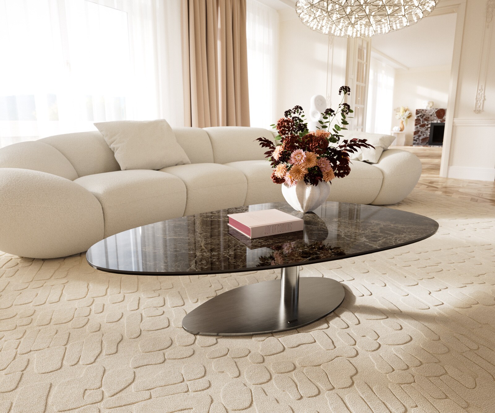 Table basse Edge Oval 140x75 cm céramique Laminam® Emperador Extra Lucidato brun foncé Vibany acier inoxydable brossé 1