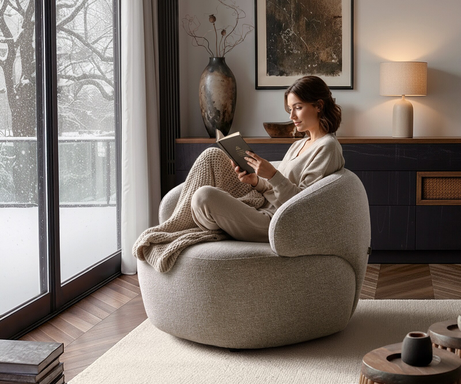 Fauteuil-lounge Nova 88 x 88 cm Tissu tissé Soft Beige 6