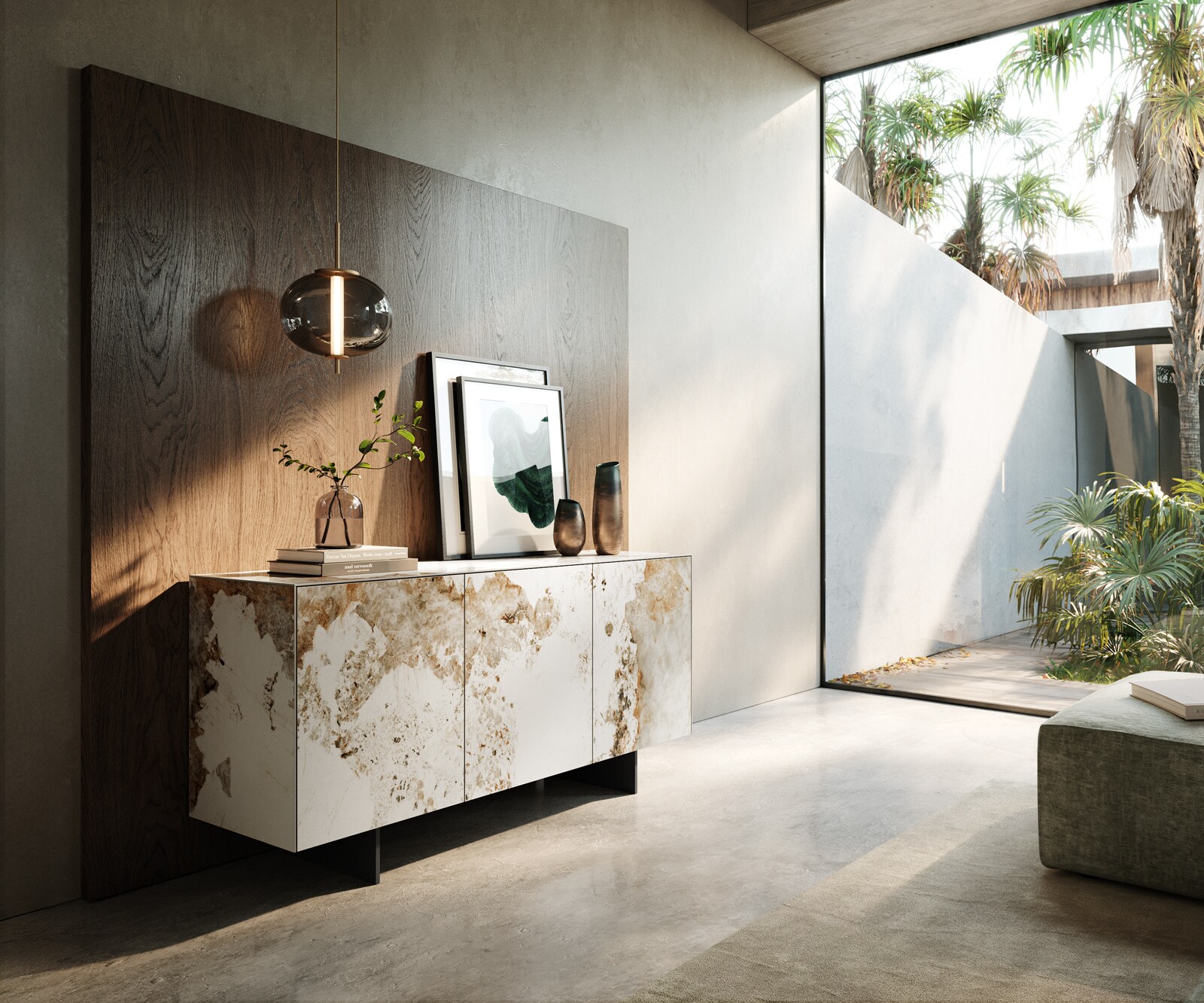 Buffet Cuor 150 cm Céramique Minas Melange Blanc-beige 3 Portes Pied optique flottant Métal Noir