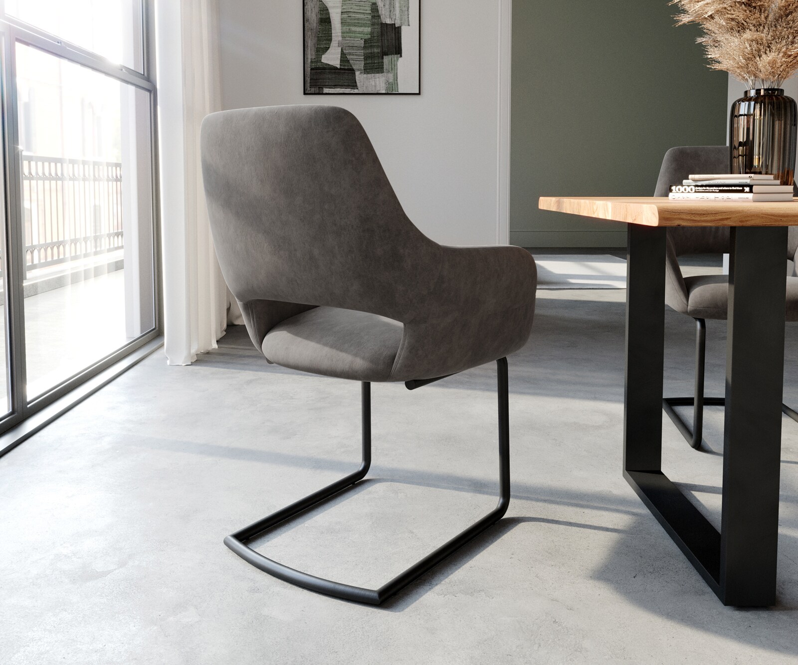 Cantilever Yago-Flex avec accoudoirs microvelours anthracite vintage pied cantilever rond noir ressorts ensachés 5