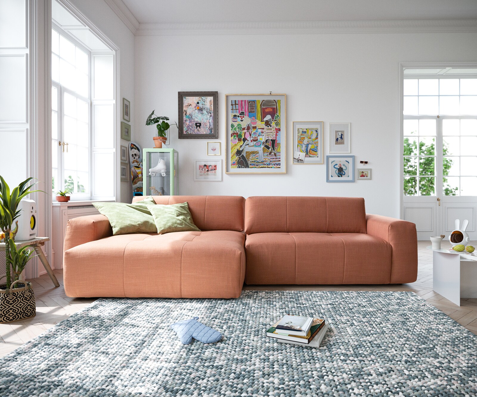 Canapé-d'angle Lazaro 300x160 cm tissu plat orange ottomane à gauche avec réglage de la profondeur d'assise 1