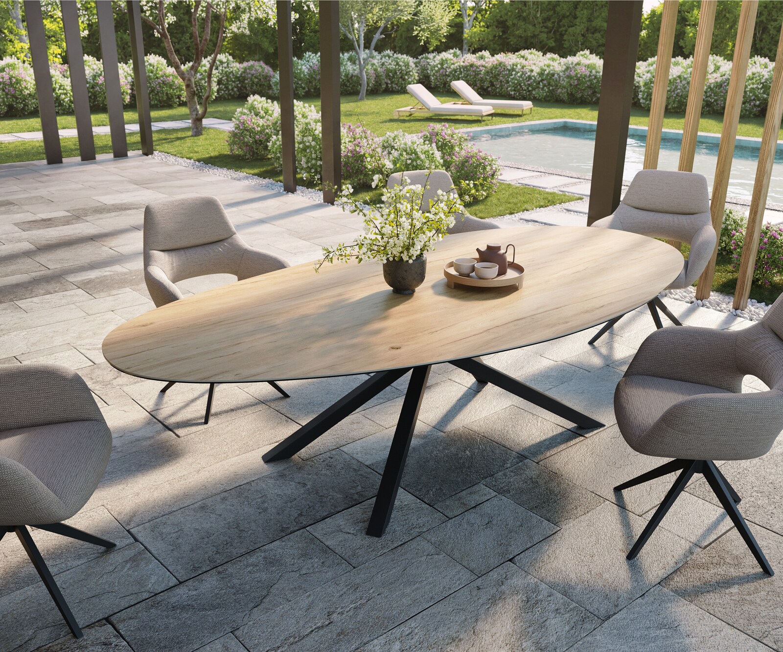 Table d’extérieur Edge Ovale 280x130 cm céramique Laminam® Sabbia couleur chêne piètement croisé rectangulaire noir