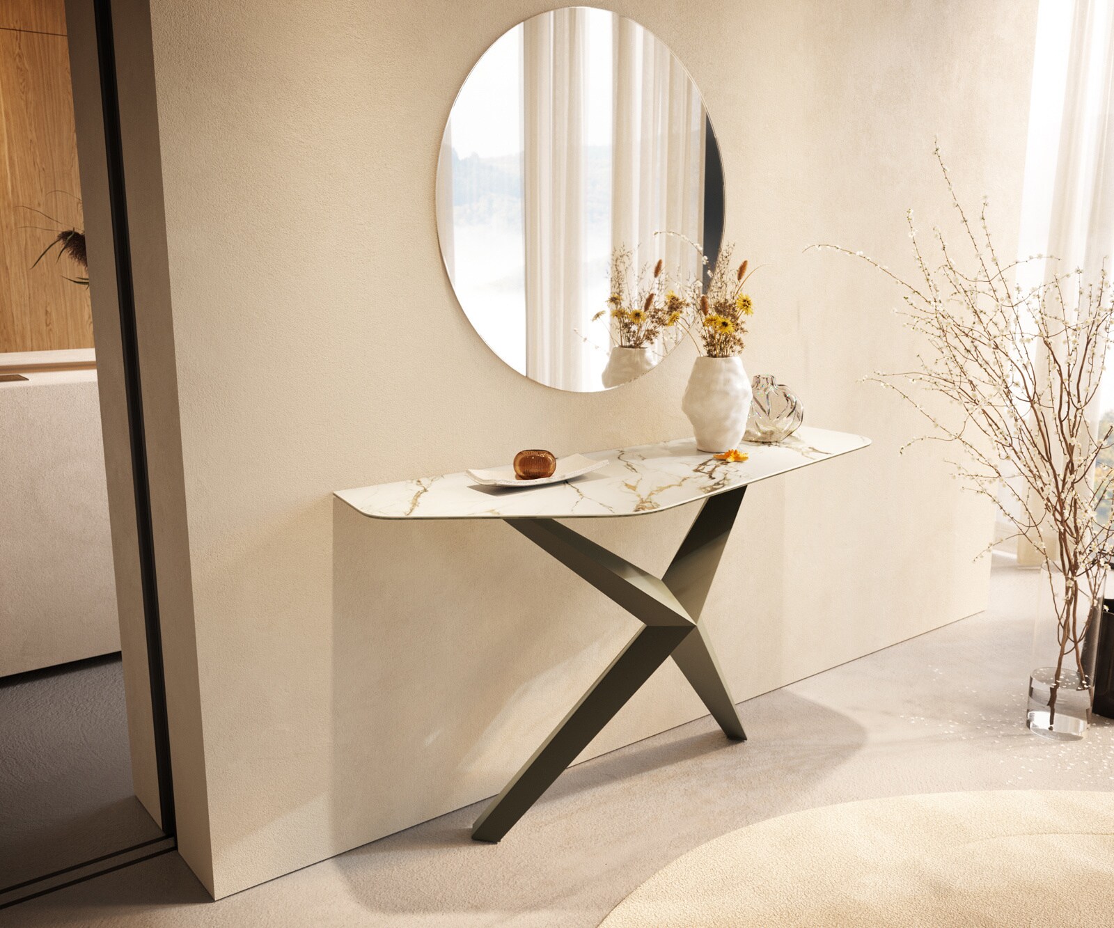Console Edge Polygonal 140x50 cm Céramique Calacatta Luxe Weiß-Gold-Gris Zentharo Métal Effektfinish Titan 3