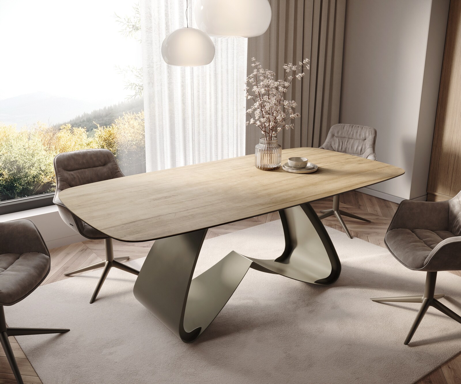 Table à manger Edge Boot 200x100 céramique Laminam® Sabbia chêne coloré cadre en W métal effet finition titanee 1