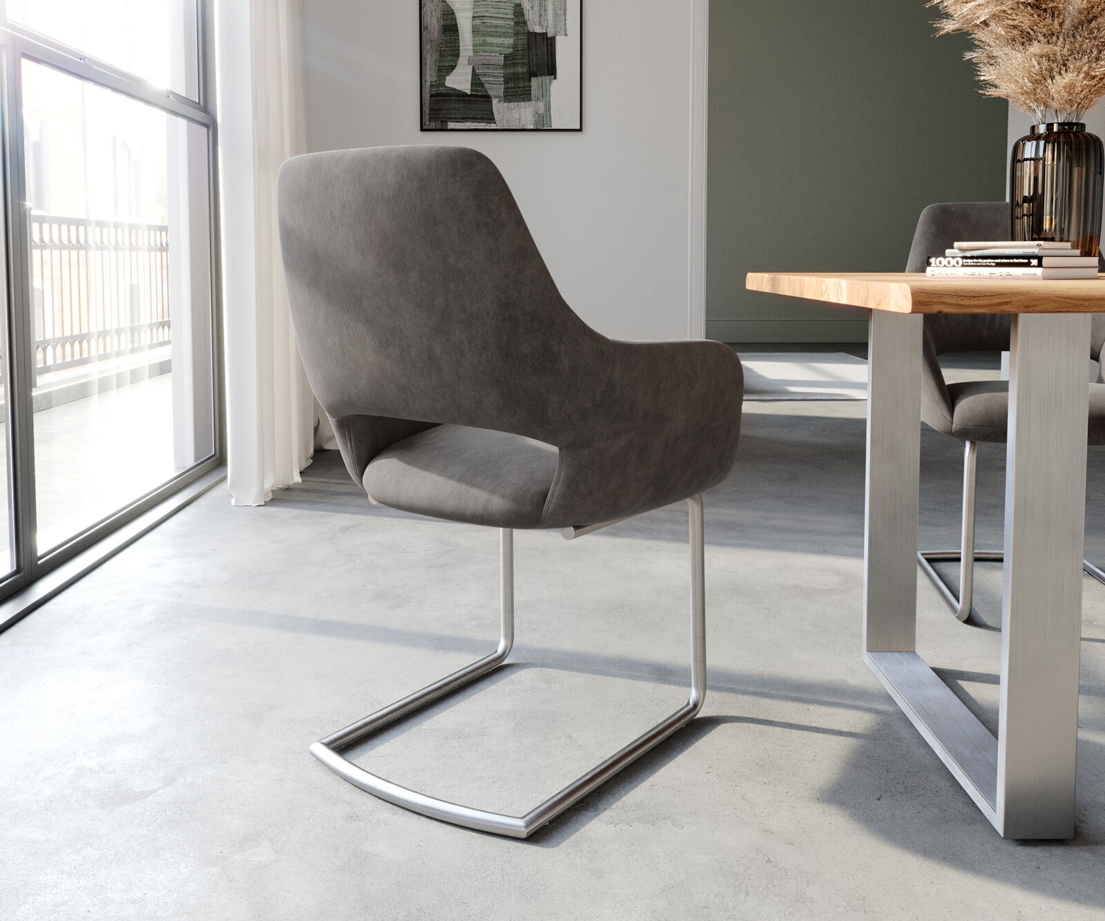 Cantilever Yago-Flex avec accoudoirs microvelours anthracite vintage pied cantilever rond acier inoxydable brossé ressorts ensachés 5