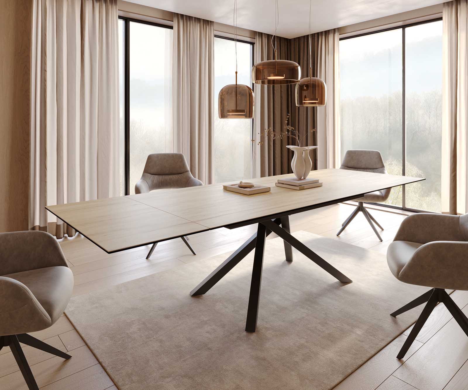 Table à manger Edge 200-300x100 céramique Laminam® Sabbia couleur chêne cadre croisé rectangulaire noir extensible Table à manger Edge 200-300x100 céramique Laminam® Sabbia couleur chêne cadre croisé rectangulaire noir extensible