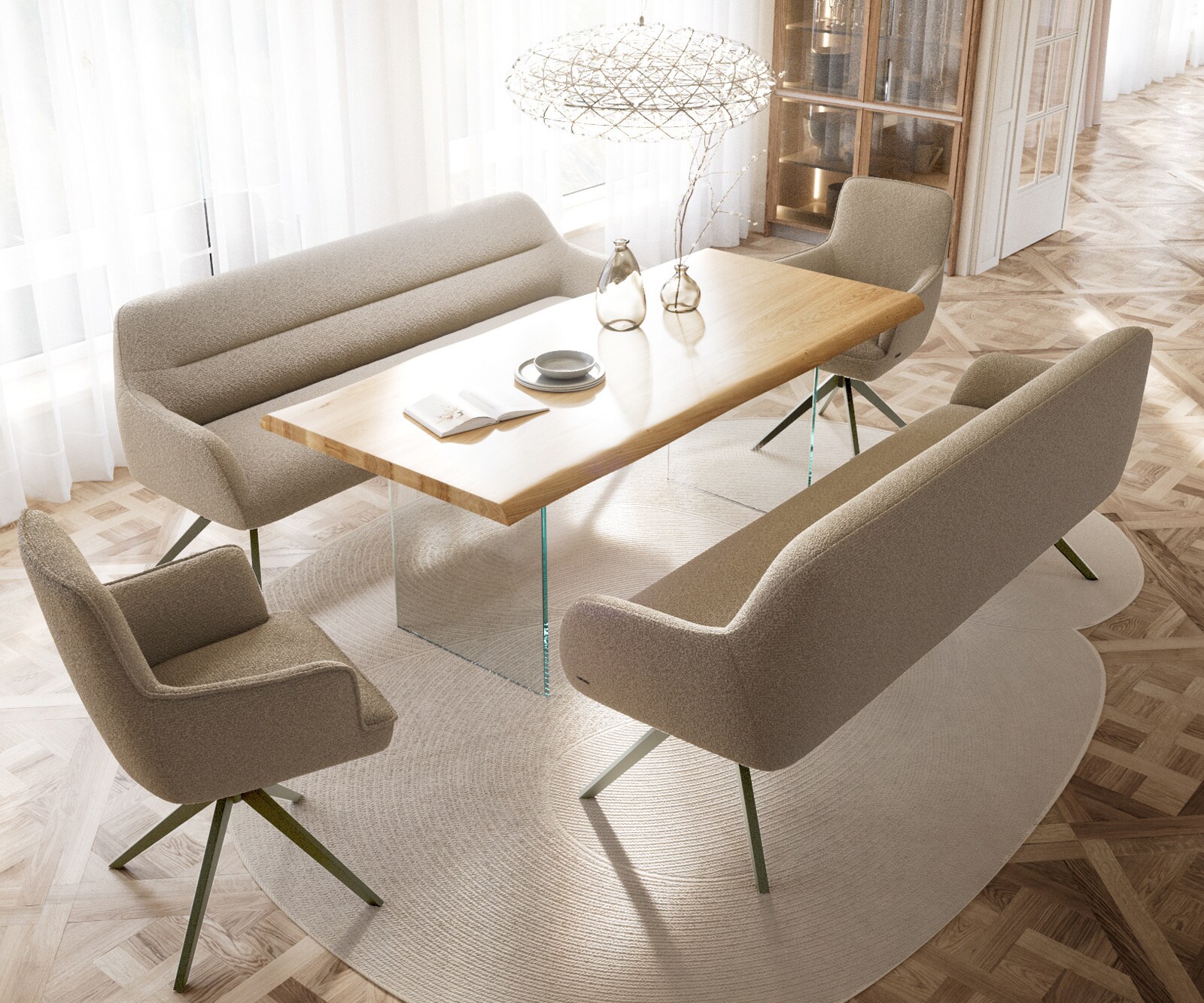 Banc-de-salle-à-manger Taya-Flex 200 cm bouclé boue pied croisé angulaire titane ressort ensaché 4