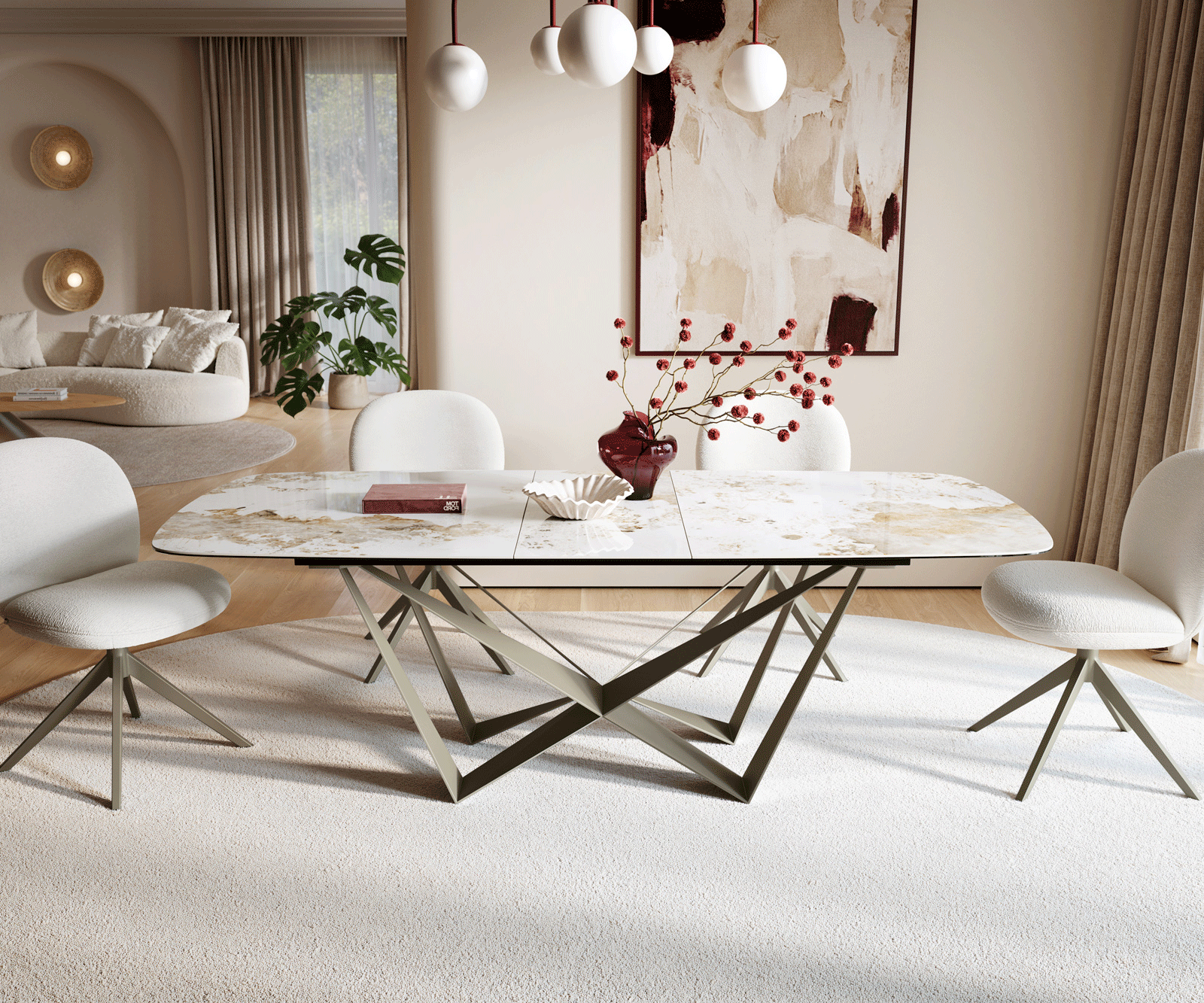 Table à manger Edge Boot 180-220x100 cm Céramique Minas Melange Blanc-Beige Spider Métal Finition effet Titan extensible 2