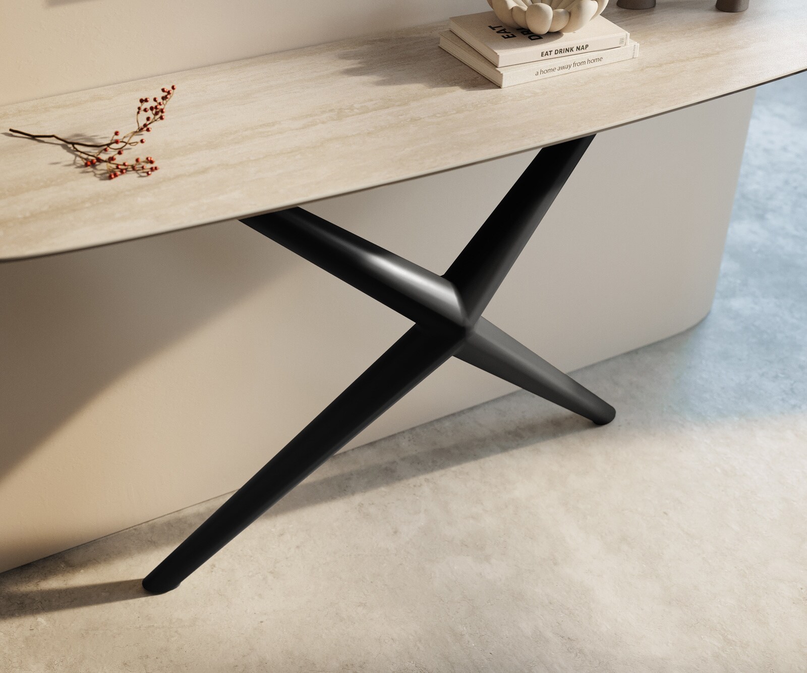 Console Edge forme bateau 140x40 cm Céramique Laminam® Travertino Bianco Creme-Weiß Estelo Métal Noir 6