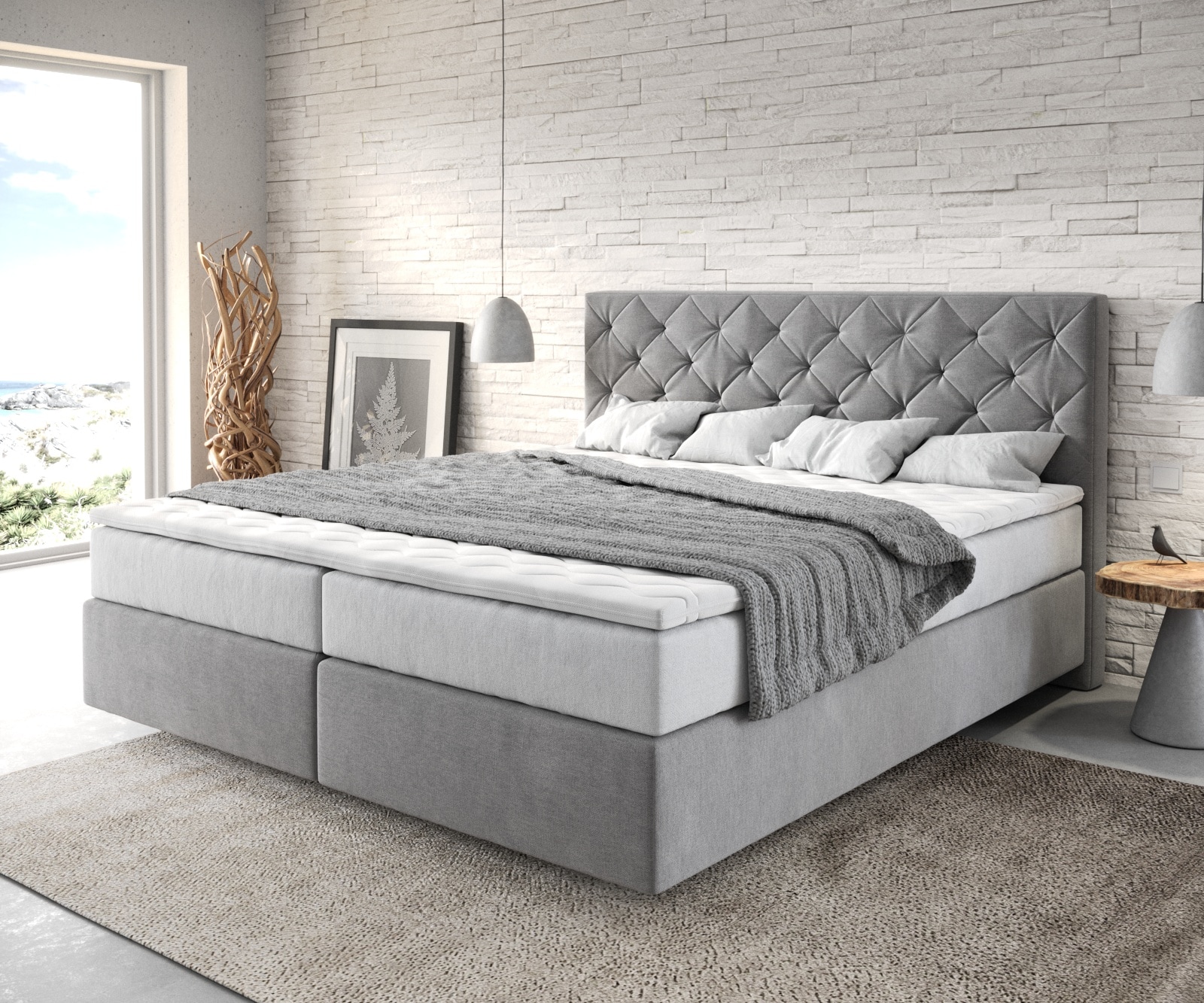 Lit-à-sommier-tapissier Dream-Great 180x200 cm microfibre gris avec matelas TFK et visco surmatelas